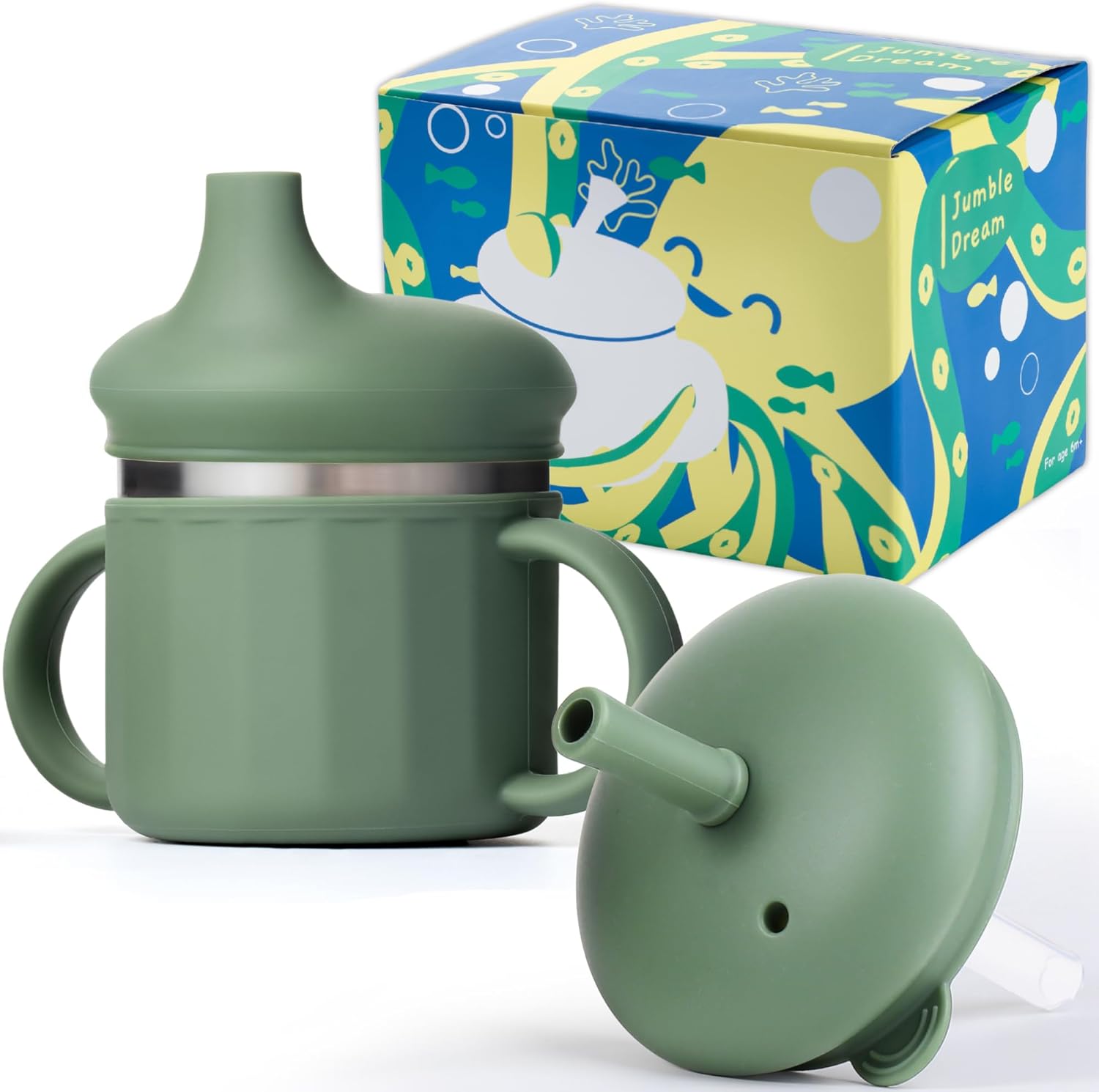Jumble Dream Stainless Steel Sippy Cup – Spill-Proof Straw Cup,Sage Breeze | 8 oz stainless steel training cup with silicone straw and spill-resistant lid; BPA-free for toddlers ages 1–3.