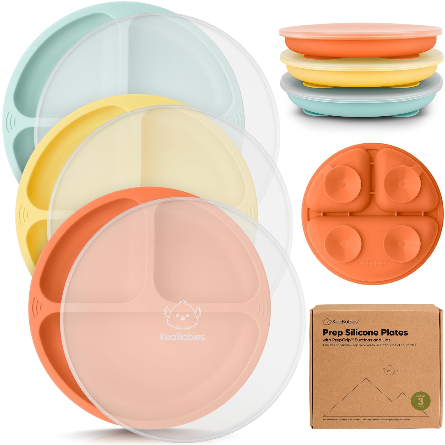 KeaBabies Suction Plates with Lids for Baby, 3-Pack, 100% Silicone (Amaze) | Silicone Toddler Plates with Suction, Divided, Kids Baby Led Weaning Essentials, Dishwasher Safe, Microwave Safe, BPA-Free