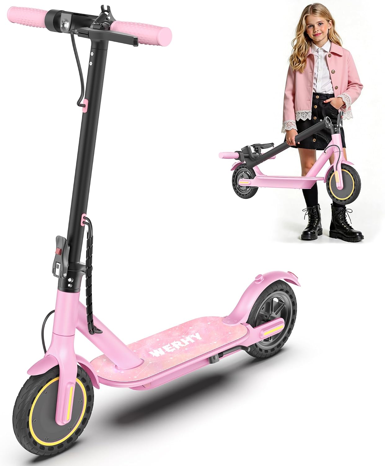 WERHY Foldable Kids Electric Scooter for Aged 6-10, 350W Motor, Max 12/16Miles Long Range, 19 MPH Max Speed, 8.5″ Solid Tire, Lightweight Foldable E-Scooter with Dual Braking, Digital Display