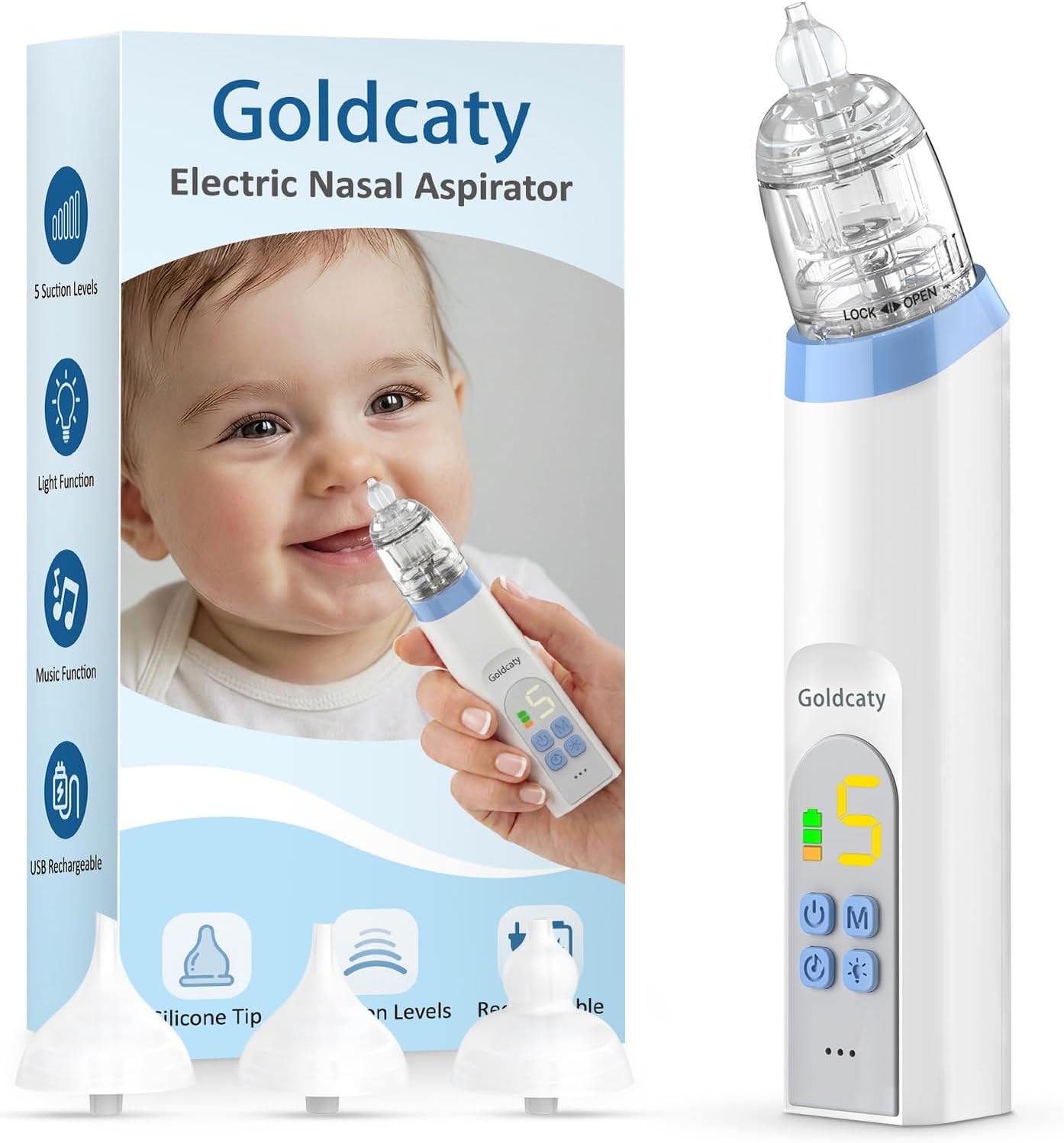 Electric Nasal Aspirator, Nose Suction for Baby, Baby Nose Sucker, Rechargeable Nose Aspirator for Babies with 3 Silicone Tips, Adjustable 5 Suction Level, Music and Light Soothing Function, Blue