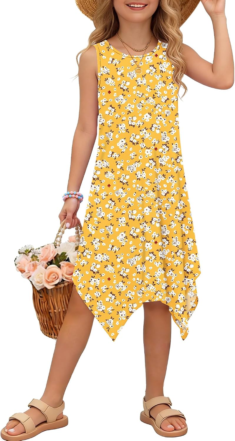 Girls Sleeveless Round Neck Summer Kids Casual 2026 Asymmetrical Hem Dress | Kids mdi casual party tank dress, 2026 Casual sundress for girls summer daily and beach, two side pockets, 5-16 Years