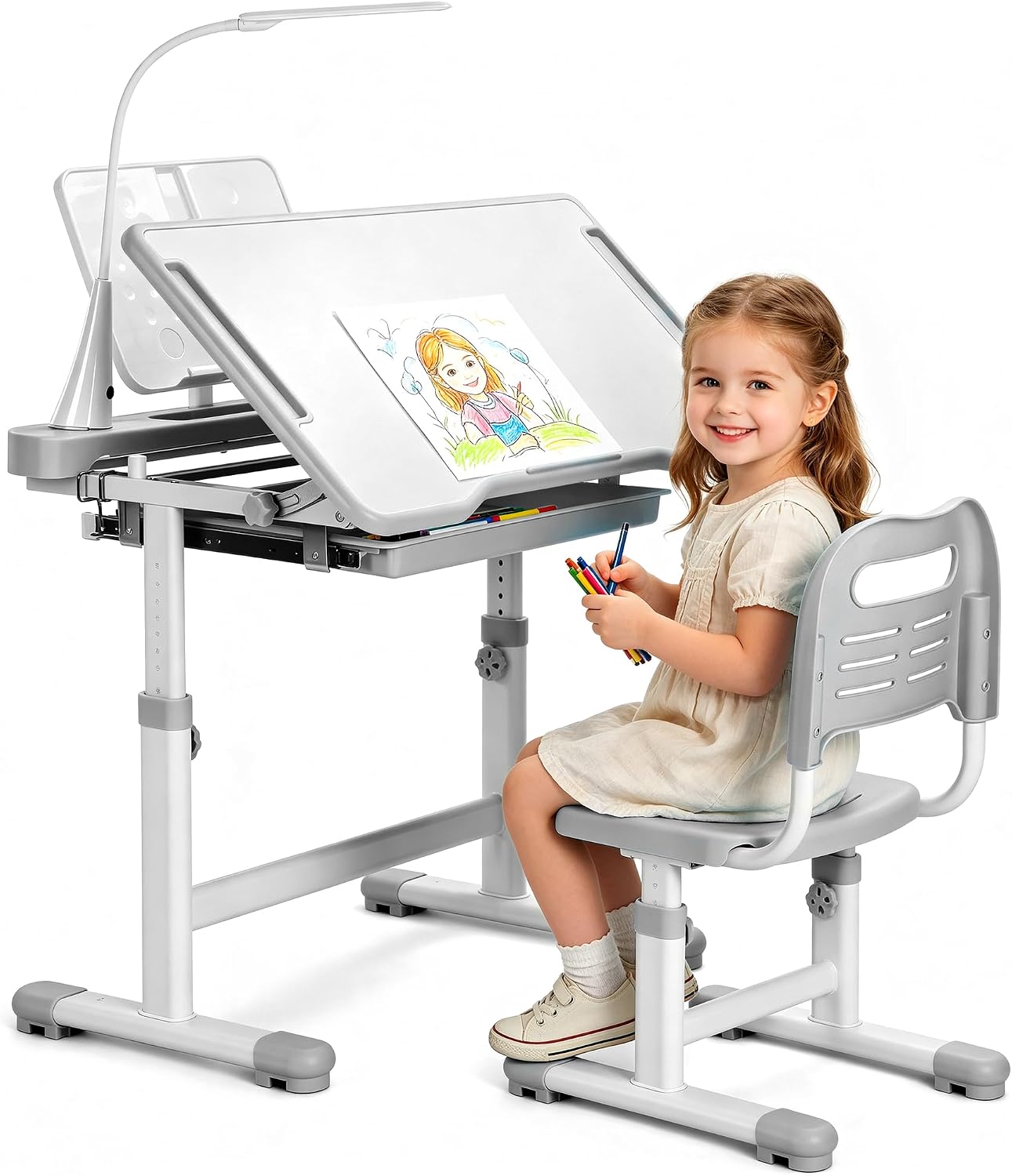 Kids Desk and Chair Set, Height Adjustable Children School Functional Study Desk with 55° Tiltable Desktop, 3 Modes & Brightness LED Light, Storage Drawer & Metal Hook for Boys Girls (Grey)