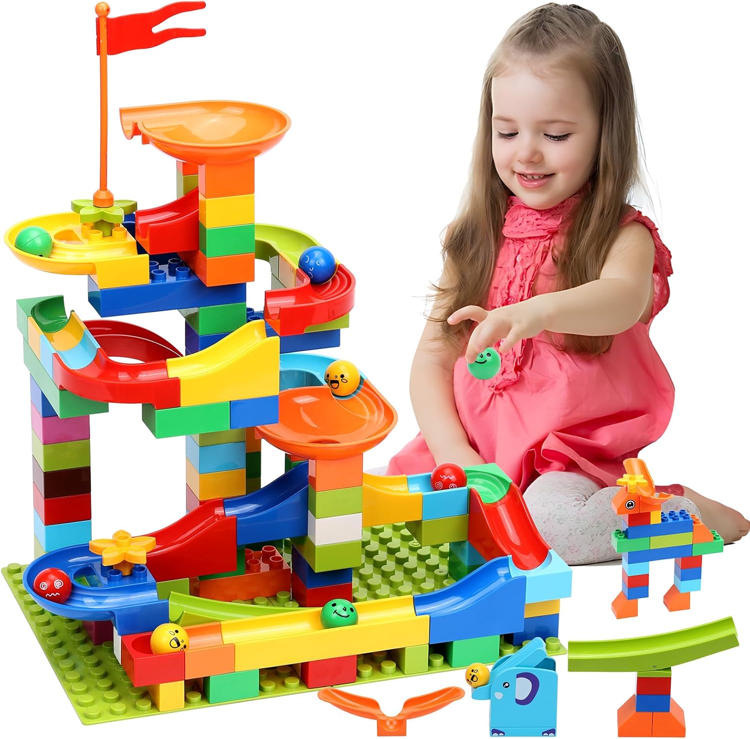 COUOMOXA 110 Pcs Marble Run Set, STEM Building Blocks Toy | Marble Maze Race Track Construction Kit for Kids Ages 3-5 4-8 8-12, Educational Birthday Gift with Glass Marbles