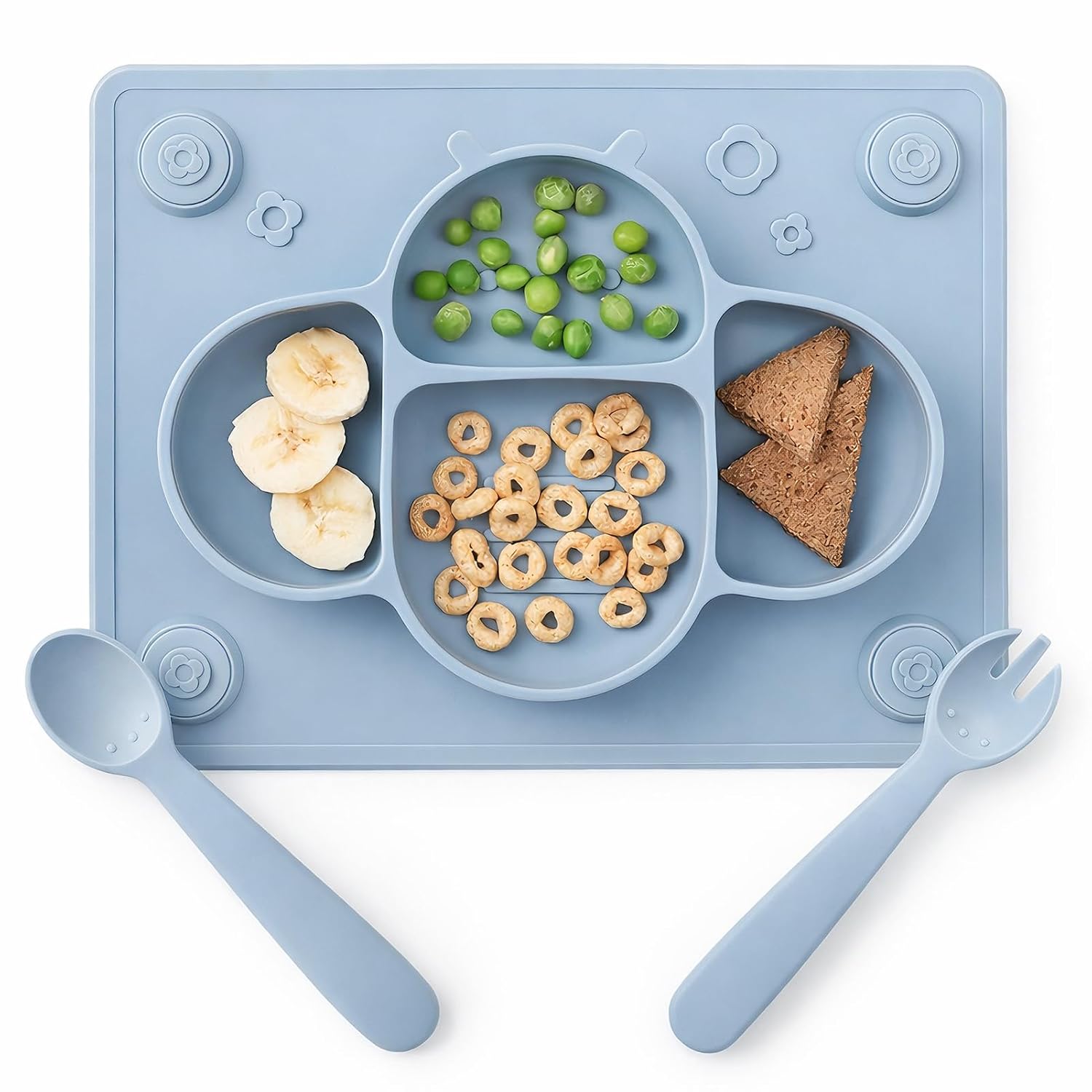 Suction Plates for Baby placemat Spoon Fork Set for Toddlers, Silicone Baby Plates with Suction Baby Dishes for Kids Plates-Dusty blue