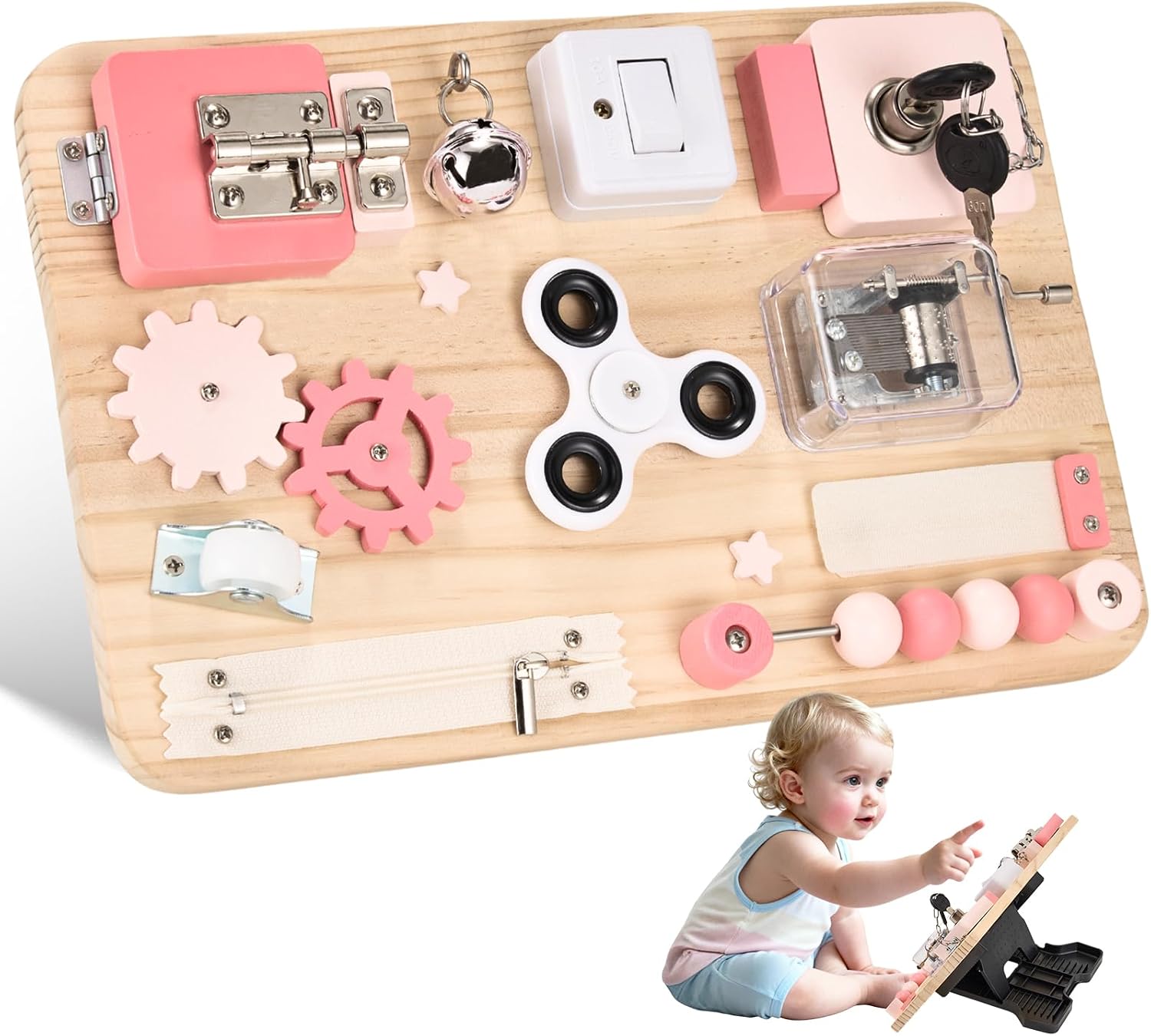 Potatomato Pink Montessori Wooden Busy Board – Sensory Toy for Toddlers – Educational Activity Board for Kids Fine Motor Skills– Travel Fidget Toy for Girls & Boys – Birthday Gift for Autism & ADHD
