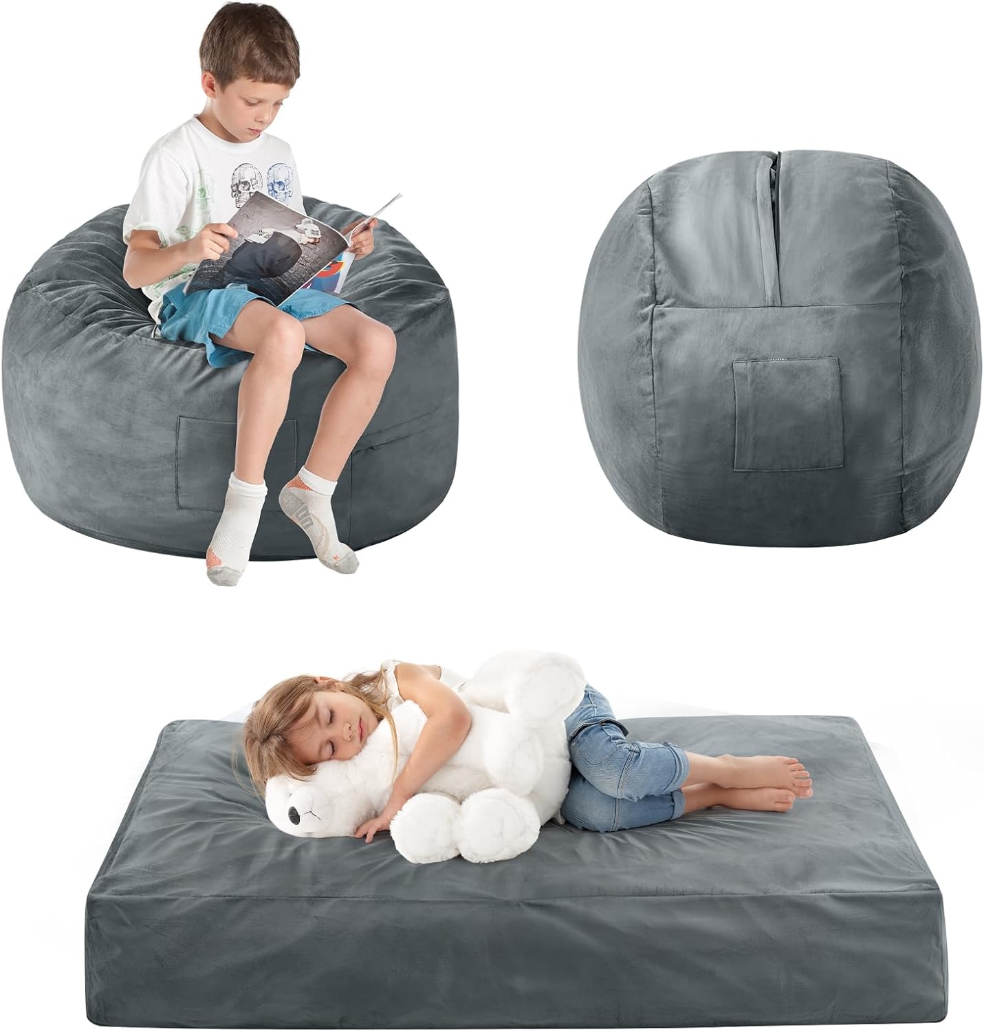 Bean Bag Chairs for Kids- Small Bean Bag Convertible Floor Sofa | 3 IN 1 Lounger Couch Sofa, Memory Foam Filling, Removable Velvet Cover, Machine Washable, Classroom Reading Nook Charcoal