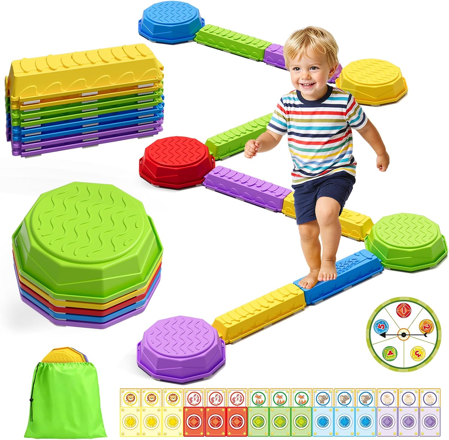 Wee Wonders Balance Beam Stepping Stones for Kids, Obstacle Course Toys | Non-Slip Sensory Stepping Blocks, Stackable Balance Stones with Game Spinner & 30 Cards, Indoor Outdoor Toys for Kids 3-8