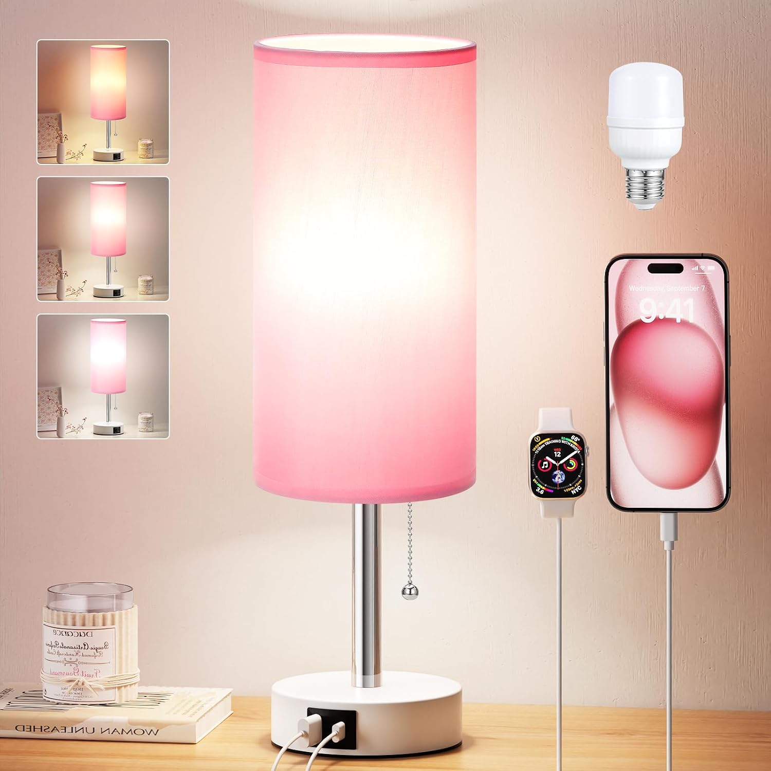 Dicoool Pink Bedside Table Lamp for Girls Bedroom – USB A+C Charging Ports | 3 Color Temperatures, Bulb Included, Pink Fabric Shade, White Metal Base, Cute Pink Room Decor, 14″ Desk Lamp for Kids Dorm
