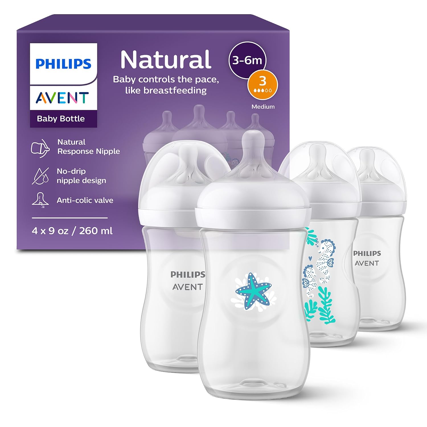 Philips Avent Natural Baby Bottles, Medium Flow, 9 oz, BPA-Free, 4-Pack | Baby-Controlled Flow, No-Drip Design, Reduces Colic and Gas with Anti-Colic Valve, Seahorse & Starfish, SCY903/68