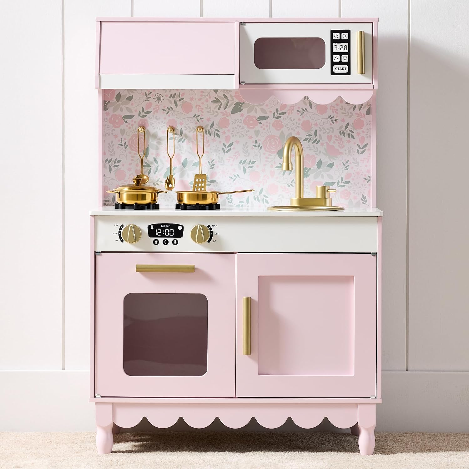 Best Choice Products Toddler Kitchen Playset, Wooden Cottage Kids Play Kitchen with 5 Accessories, Toy Storage, Scalloped Edge, and Pretend Play Microwave, Oven, Clicking Knobs – Pink