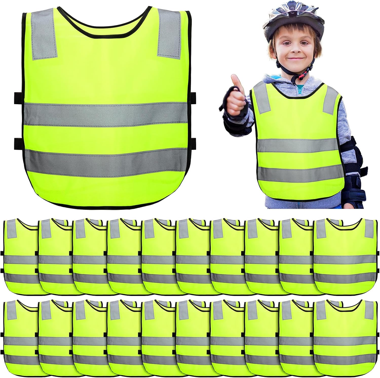 Unittype 20 Pcs Kids Safety Vest High Visibility Reflective Safety Children Vest Neon Yellow Child Traffic Clothes with Elastic Strap for Kids Cycling Running Skiing Outdoor Activities