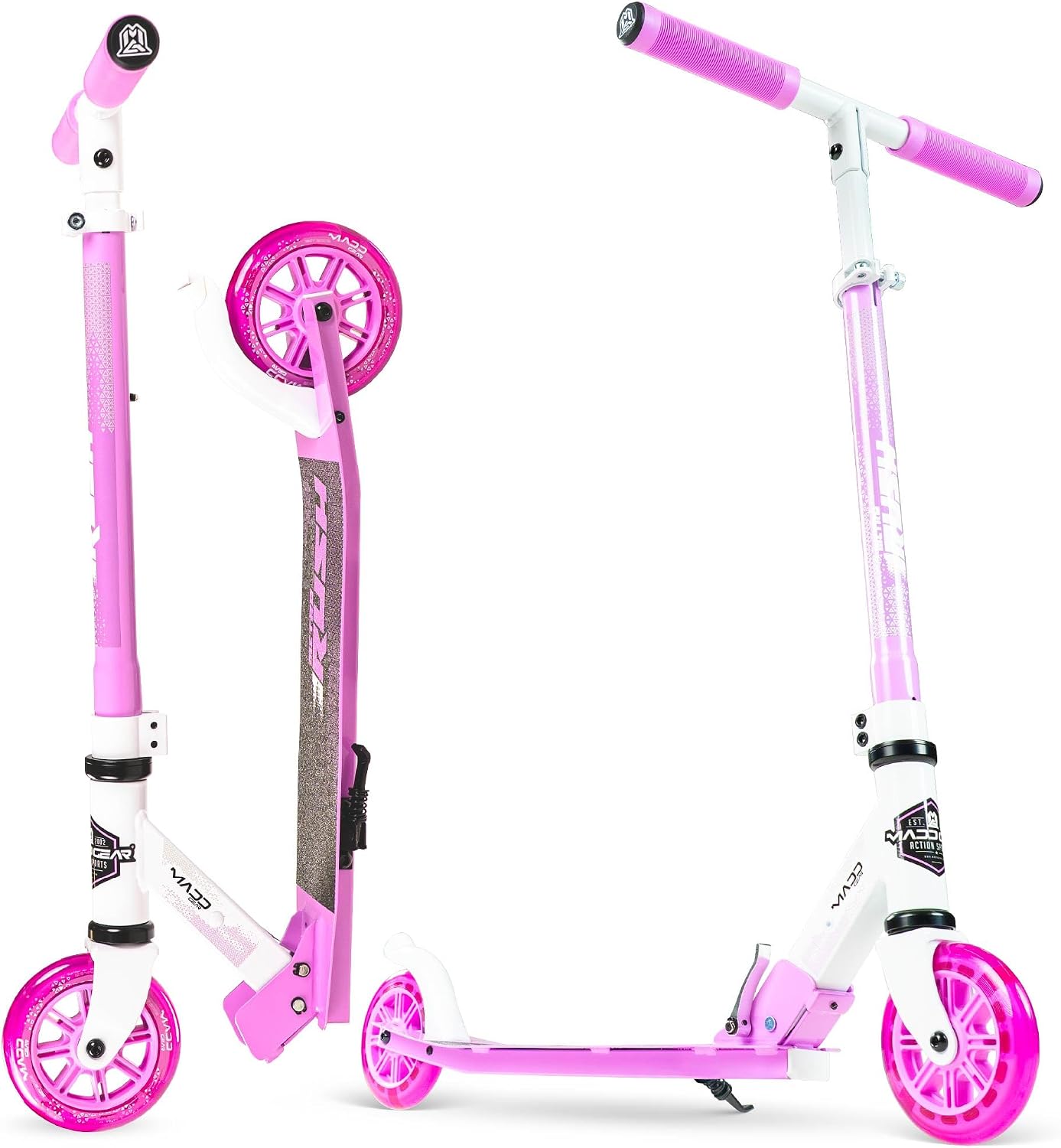 Madd Gear Kick Scooter for Kids Age 6-12, Foldable, Light-Up Wheels | 125mm Wheels for Smooth Ride, Strong Lightweight Carbon Steel Frame, Adjustable Handlebar to 36.5″, 220 lb Max Load