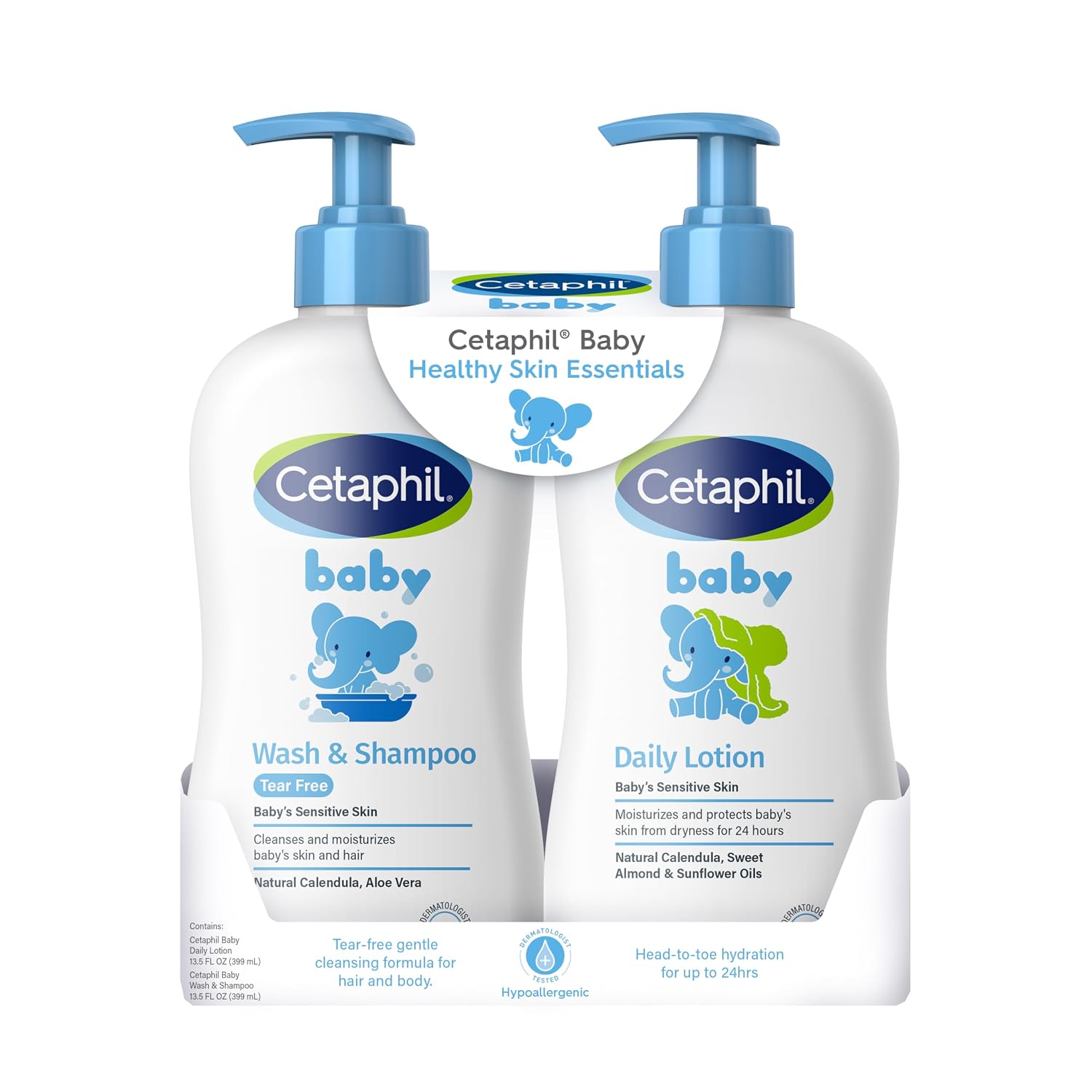 Cetaphil Baby Wash & Shampoo + Lotion, Sensitive Skin, 13.5oz, 2ct | Hypoallergenic, Tear-Free, Gentle For Newborns, 24-Hour Hydration, Dermatologist-Tested, Baby Skincare Essentials Bundle