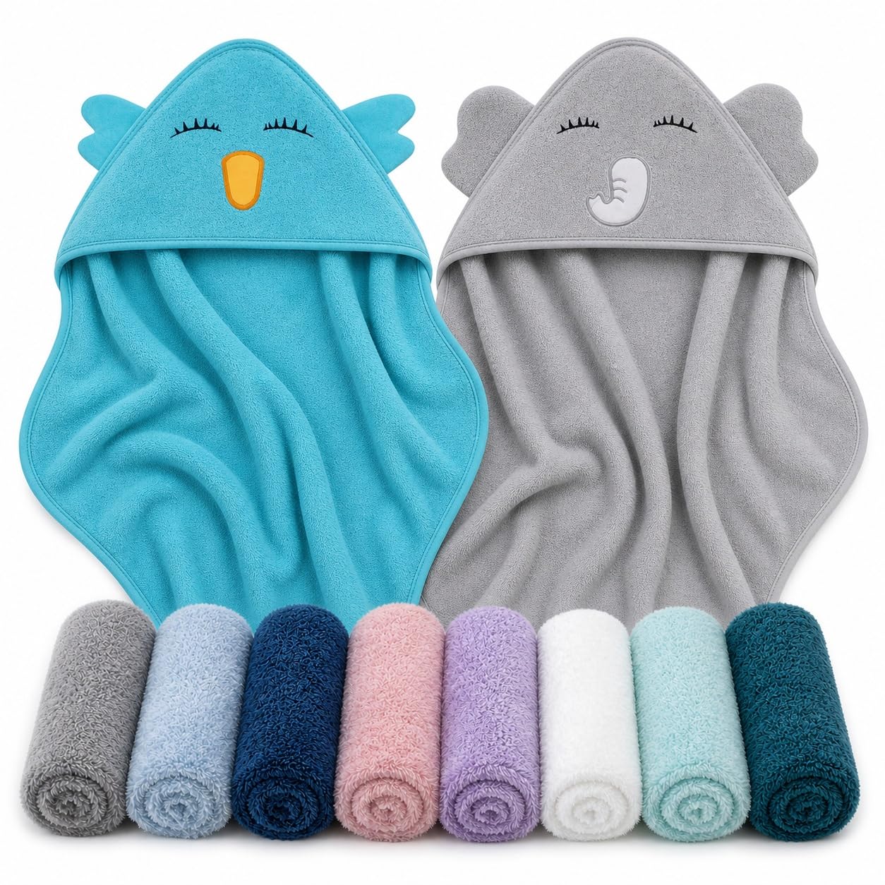 Cute Castle 2 Pack Hooded Baby Towel Rayon Made from Bamboo and 8 Washcloths – Lovely Elephant, Happy Bird