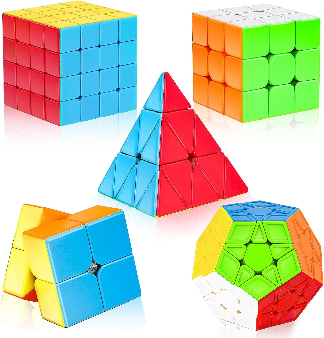 AuntyFey 5 Pack Speed Cube Set, Speed Magic Cube | Speed Cube 3×3, 2×2, 4×4, Pyramid Megaminx Stickerless Cube for Kids Toddlers Adults, Puzzle Cube Set for Kid