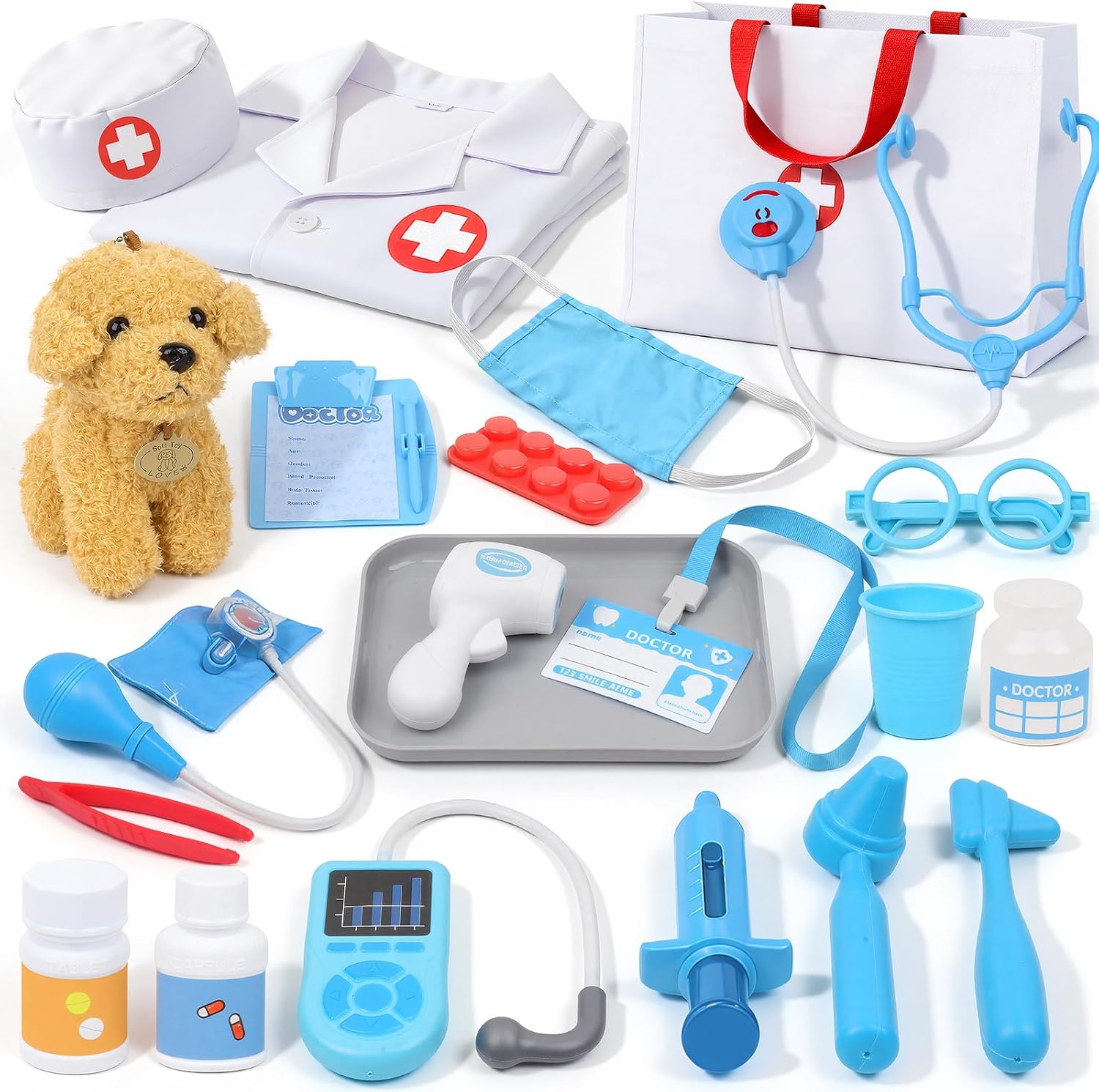 Doctor Kit for Toddlers 3-5 – Pretend Play Vet Set Toys for Boys Girls | Medical Kit with Dog, Bag, Costume, Stethoscope, Birthday Gifts for Kids