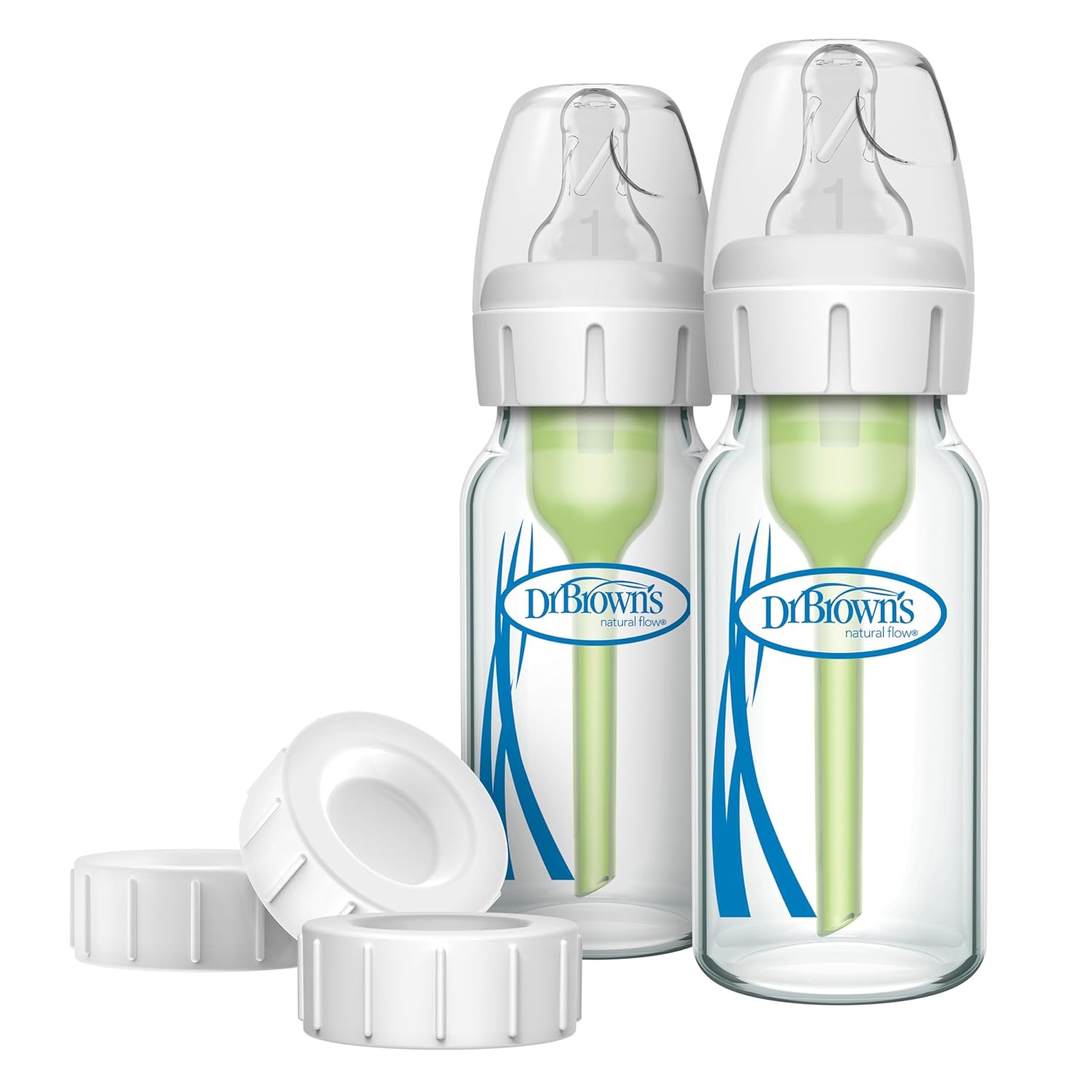 Dr. Brown’s Anti-Colic Options+ Narrow Glass Baby Bottle 4 oz/120 mL and Travel and Storage Baby Bottle Caps for and Options+ Baby Bottles – 3-Pack