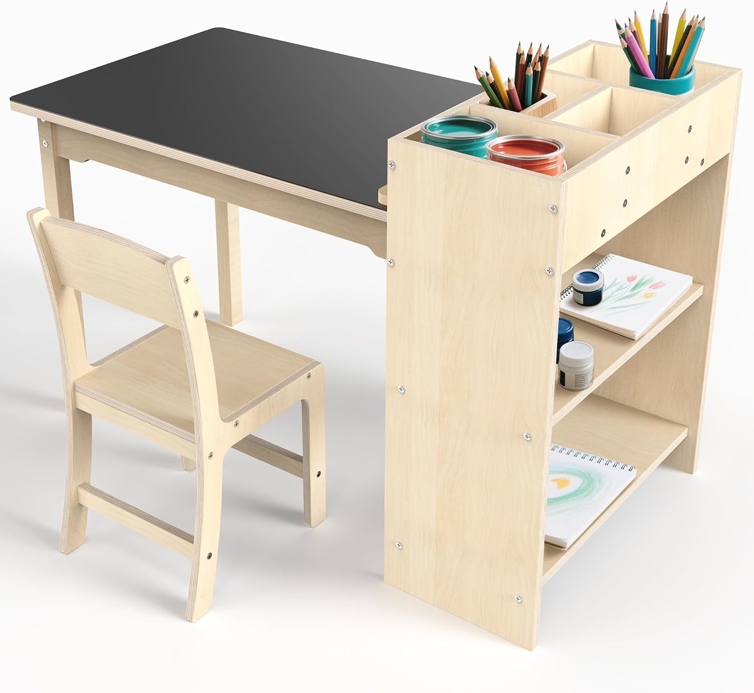 Kids Art Table and Chair Set, Sturdy Beech Wood Study Desk for Children’s Drawing, Learning & Play – Multi-Functional Activity Table for Home,Toddler Desk with Storage and 1 Chair
