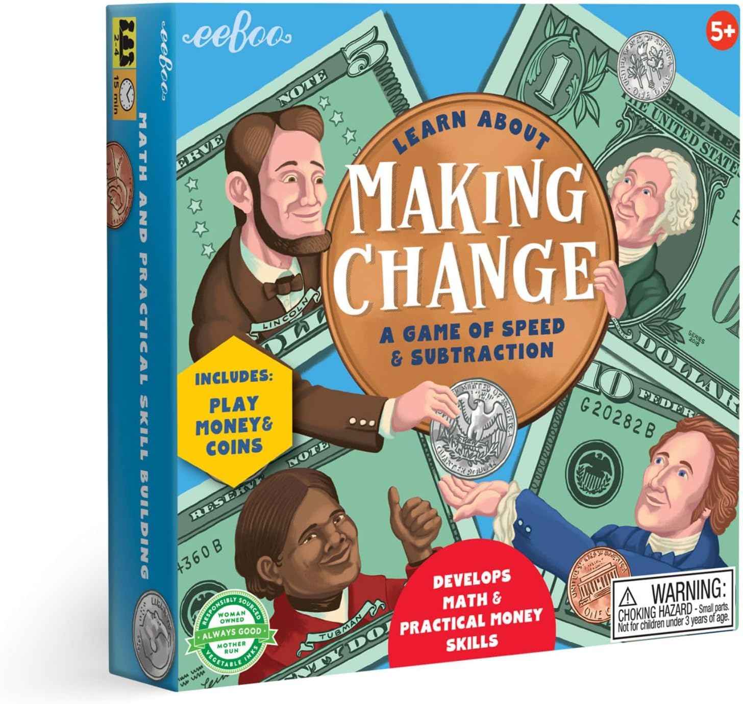 eeBoo Making Change Math Game with Play Money, Coins, Ages 5+, 2-4 Players | Builds addition, subtraction and money skills. 15 minute game play. Includes 50 item cards, play money & coins