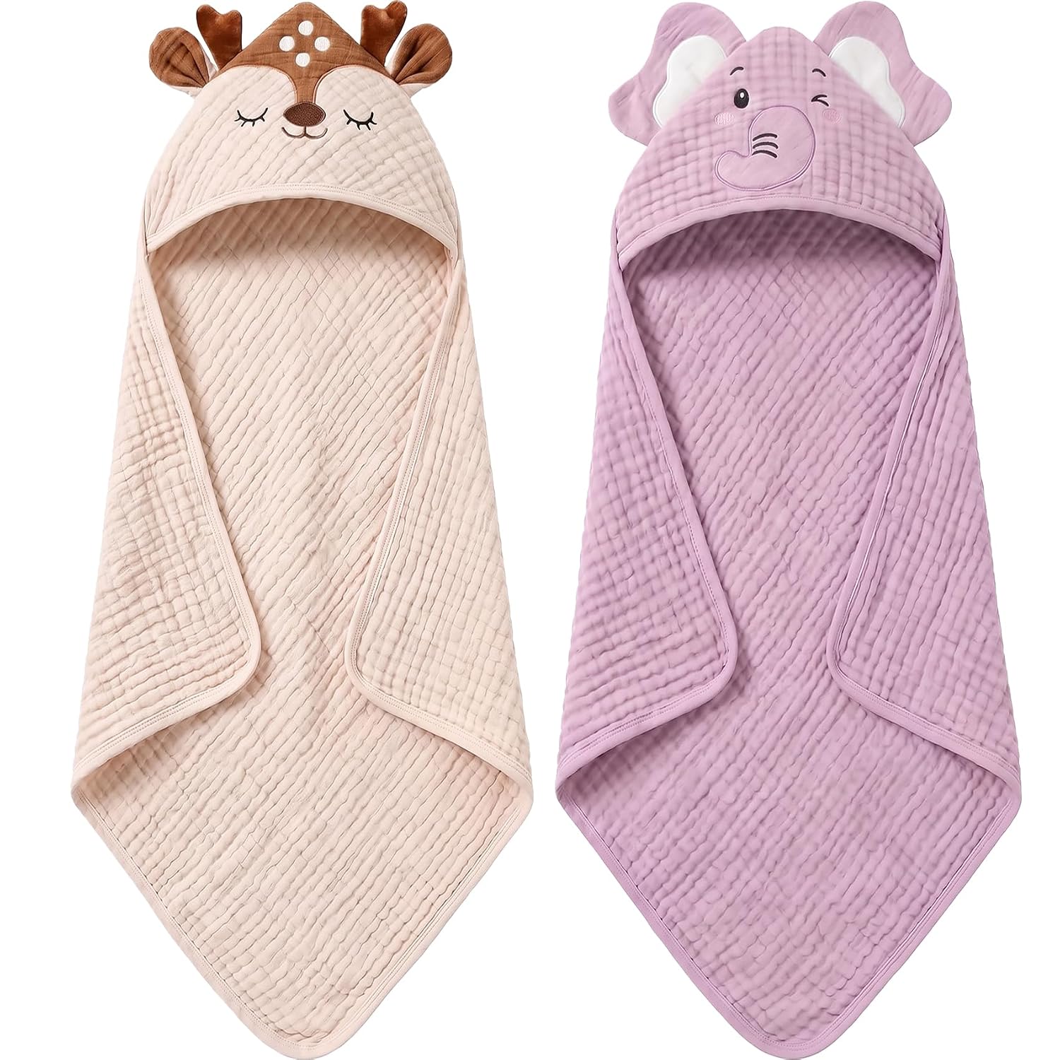 4 PCS Muslin Baby Bath Towels Set for Boys & Girls, Elephant & Deer | 100% Cotton, Animal Hooded Baby Towels, Absorbent & Soft, Infant Newborn Essentials Gifts