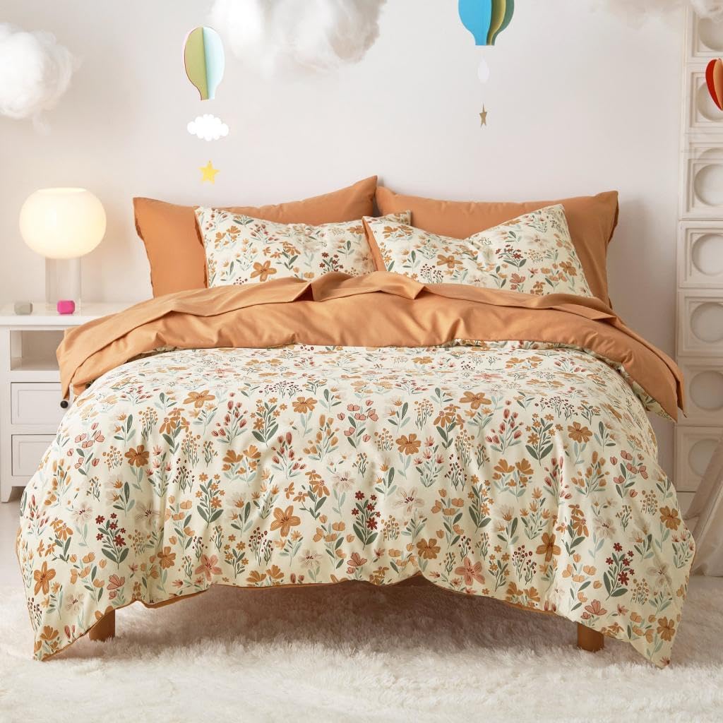 Wake In Cloud – Floral Bedding Set for Girls, Cute Colorful Botanical Flowers Patterned Soft Lightweight Comforter Set with Sheets, 5 Pieces Kids Bed in a Bag, Orange Cream, Twin Size