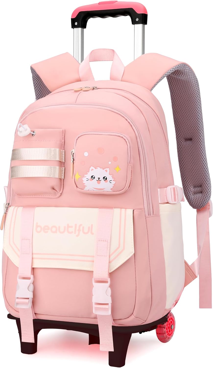 Cat Print Rolling Backpack for Girls Kids Backpack with Wheels | Roller Bookbag Trolley School Bag Wheeled Bag Pink