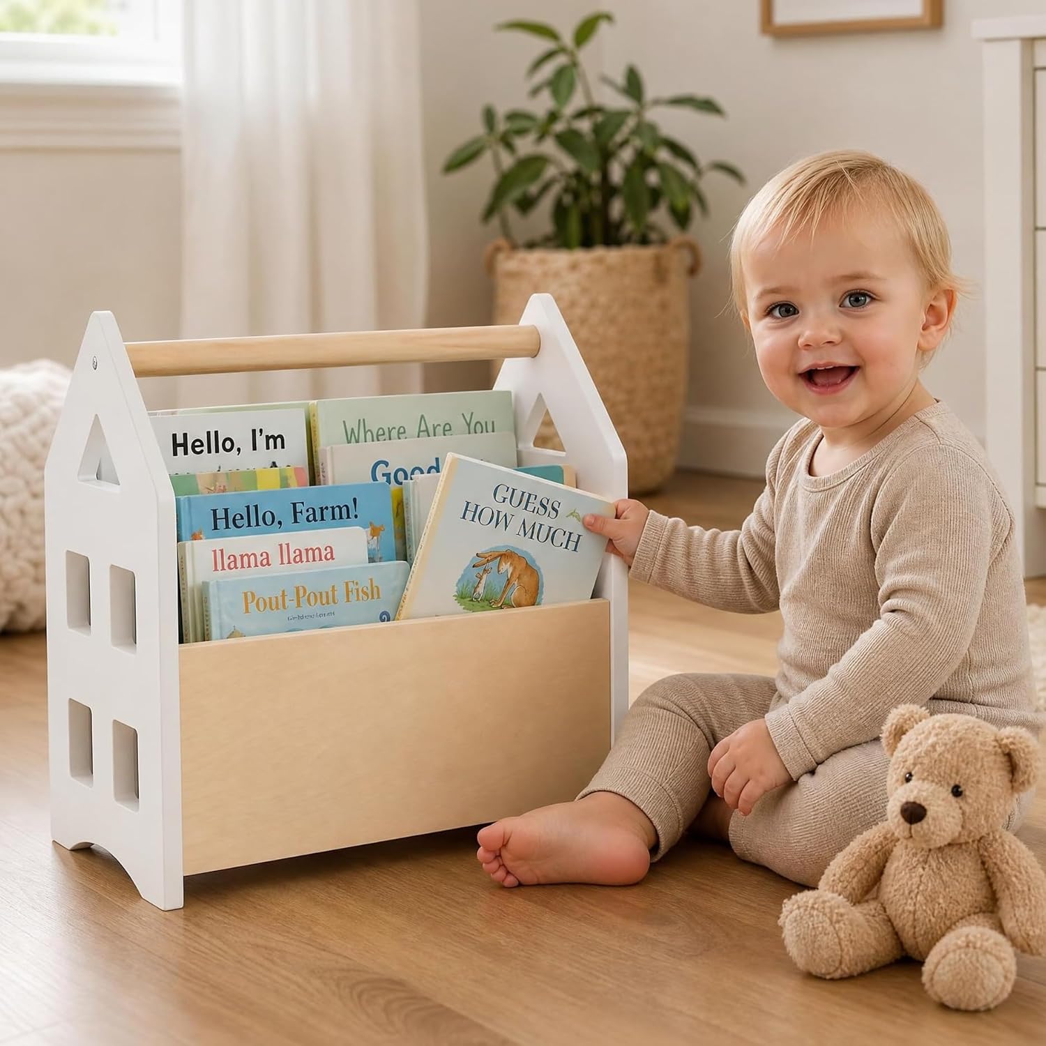 Decorative Wooden Bookshelf with Handle for Kids Rooms – Montessori Shelf | Keeps Books Neatly Organized and Within Reach for Toddlers – Easy Install Book Shelf for Baby’s Bedroom or Playroom Decor