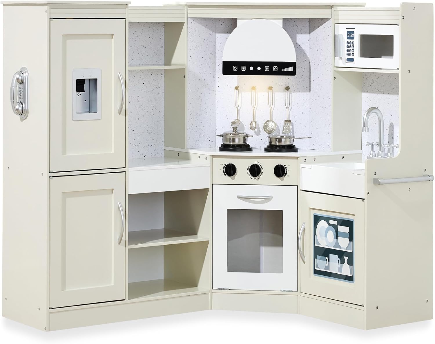 Best Choice Products Pretend Play Corner Kitchen, Ultimate Interactive Wooden Kids Playset w/Lights & Sounds, Ice Maker, Hood – Cream