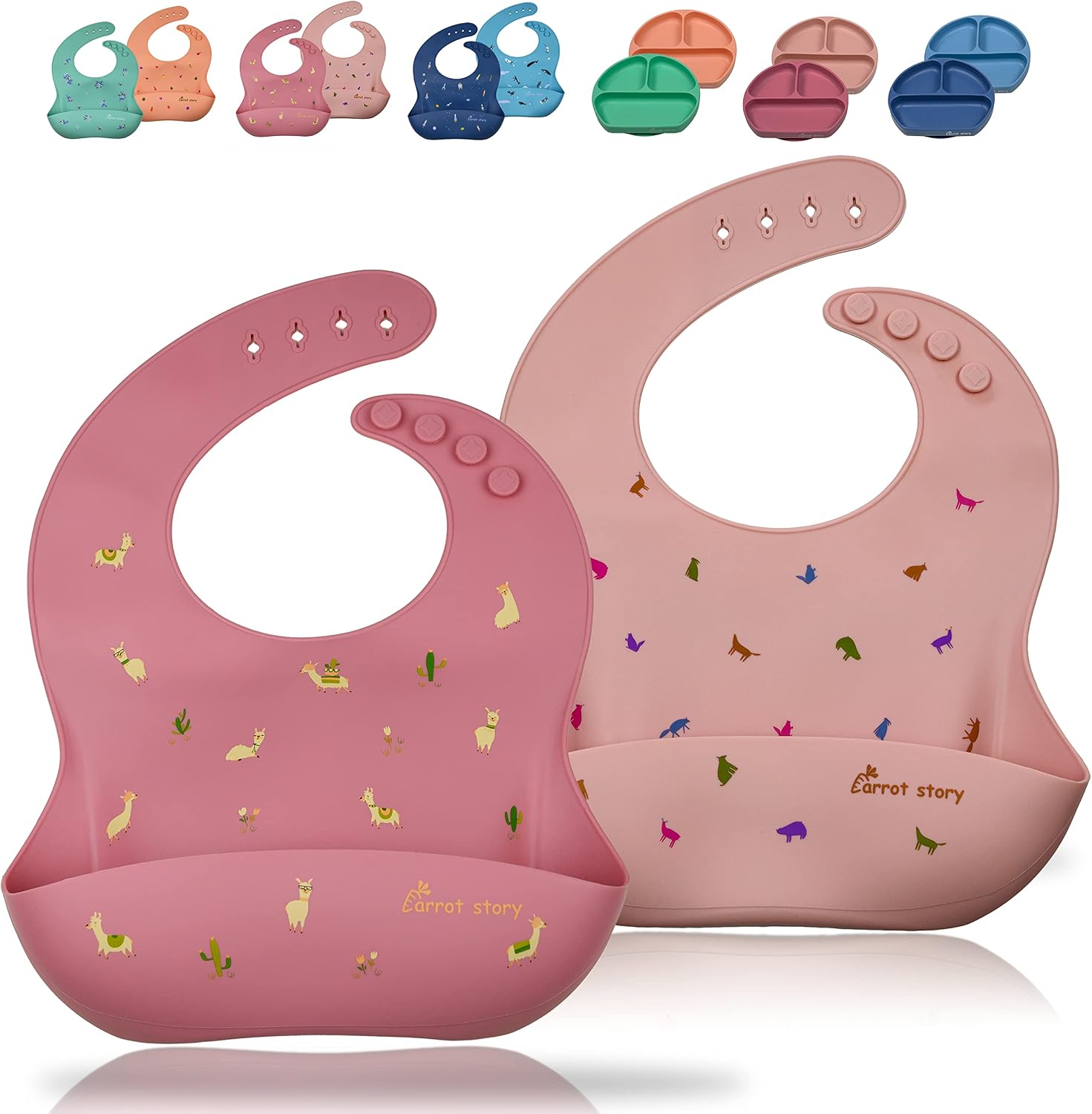 100% Silicone Pocket Baby Toddler Bibs, Waterproof Washable Bibs, BPA Free, Microwave/Dishwasher Safe, Set of 2