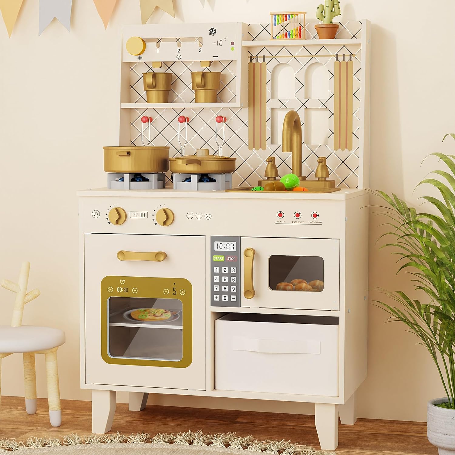 BIERUM Play Kitchen w/Realistic Lights, Sounds, Pretend Play Set for Kids | Interactive Wooden Kitchen with Coffee Maker & Microwave, 24 Pcs Toy Food & Cookware Accessories, Toddlers Gift for Ages 3+