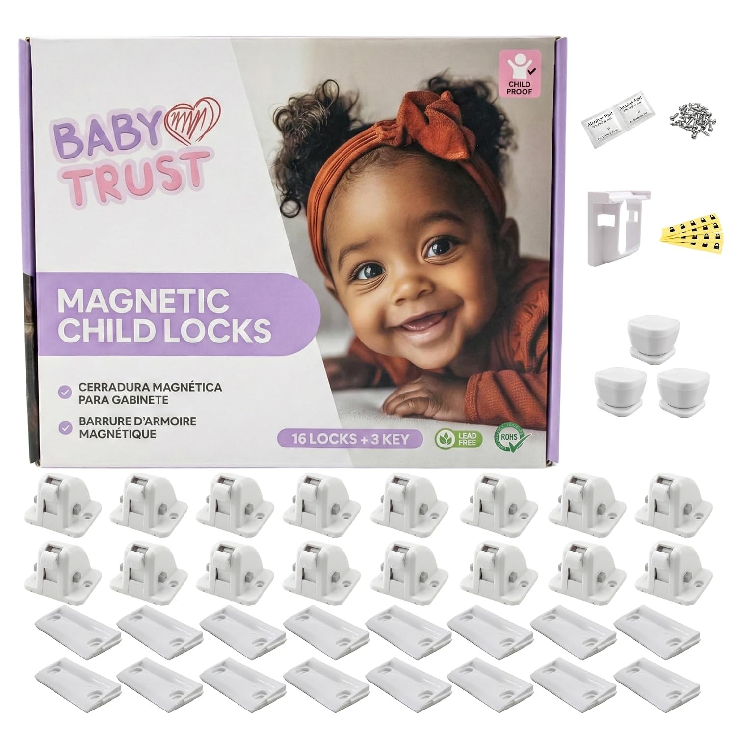 Babytrust 16 Locks & 3 Keys Baby Proofing Magnetic Cabinet Locks | No Drill, Renter Friendly, Stronger Adhesive and Magnetic Strength, Child Safety Locks for Kitchen Cabinets & Drawers
