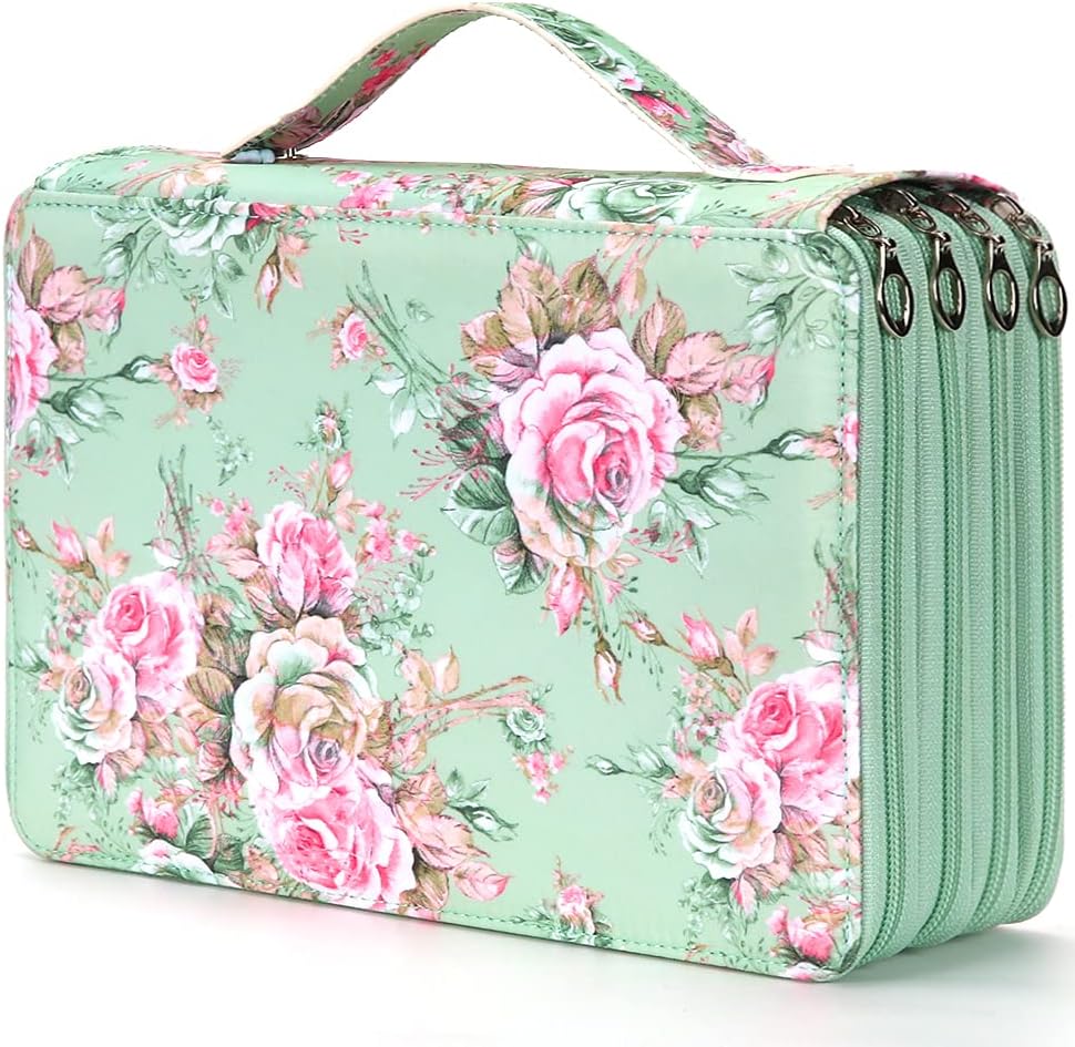 Vomgomfom 200 Slots Pencil Case 4-Layer PU Leather, Handle, Green Rose | Organizes by Color Family, Holds Colored, Blender & Ordinary Pencils, Wipes Clean, Resists Fur & Dust