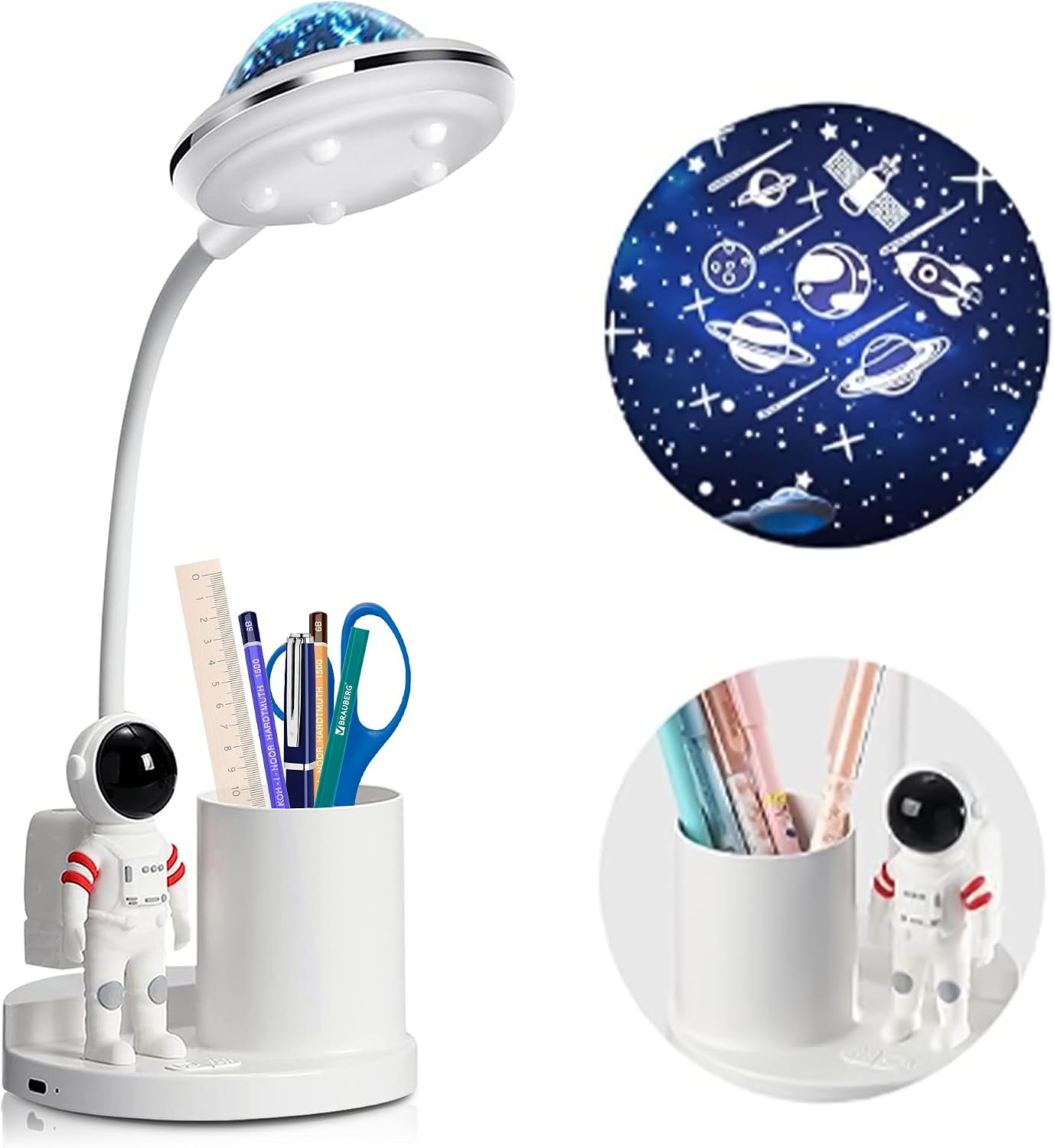 Astronaut Desk Lamp for Kids,Star Space Projector Space Rocket Lamps | Astronaut Lights with Pen Holder,Stepless Dimming,Eye-Care Reading Small Desk Lamps for Bedroom,Gifts for Boys and Girls