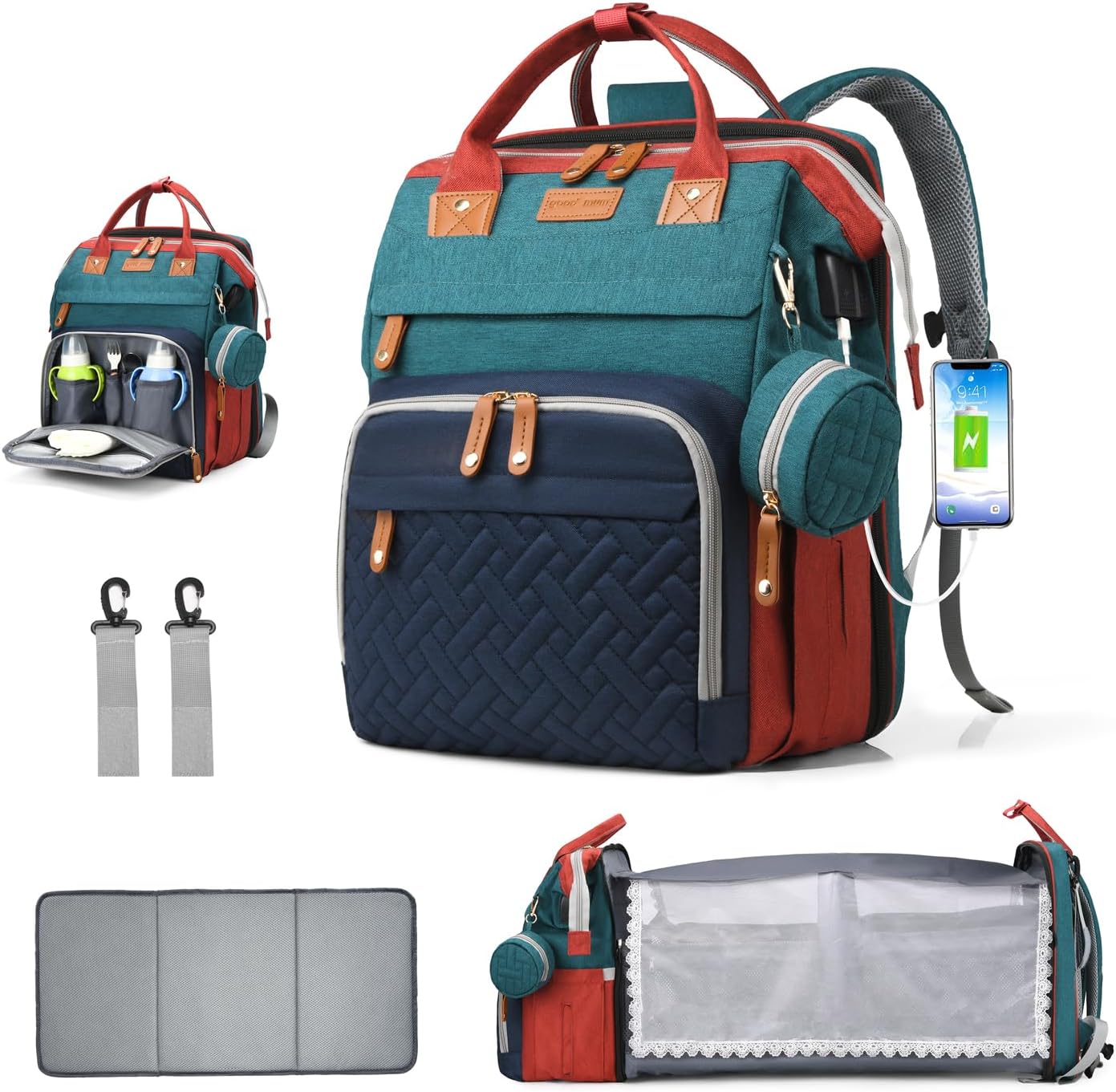 Diaper Bag Backpack with Changing Station, Waterproof for Travel, RGB | Foldable Changing Station with Portable Crib for Easy Diaper Changes, Travel, Hospital Visits and Daily Outings