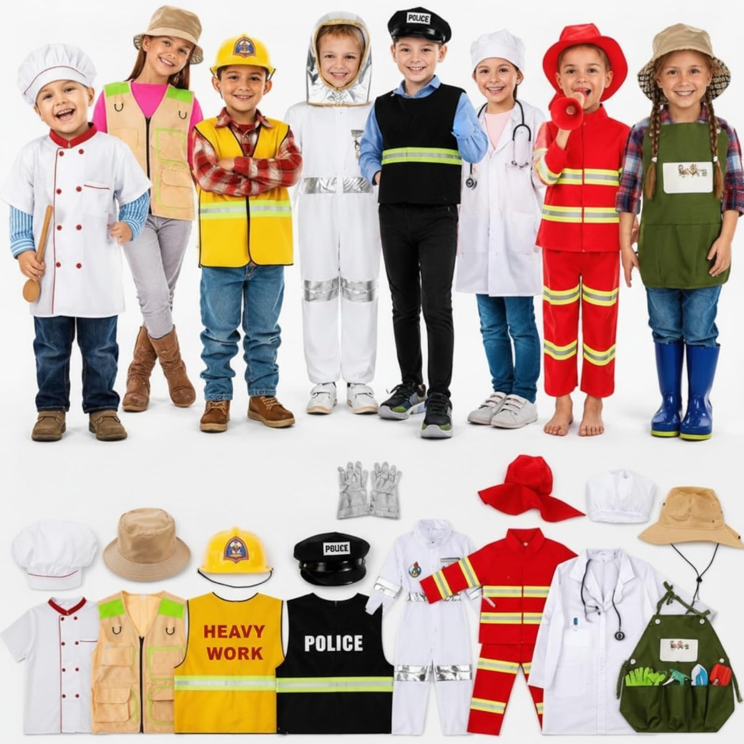 8 Sets Kids Role Play Dress up Clothes, Washable Astronaut Construction Policeman Fireman Doctor Chef Gardener Explorer Scientist Soldier Costumes for Boys and Girls Role Playing Activities