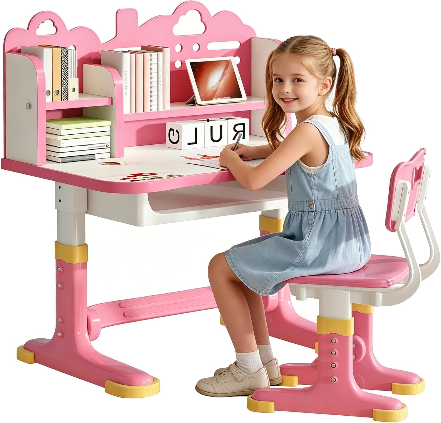 Kids Study Desk and Chair Set 3-12 – Height Adjustable Children Study Table | Ergonomic Chair | Widened Desktop | School Study Writing Art Desk with Bookstand and Storage Drawer for Boy & Girl (Pink)