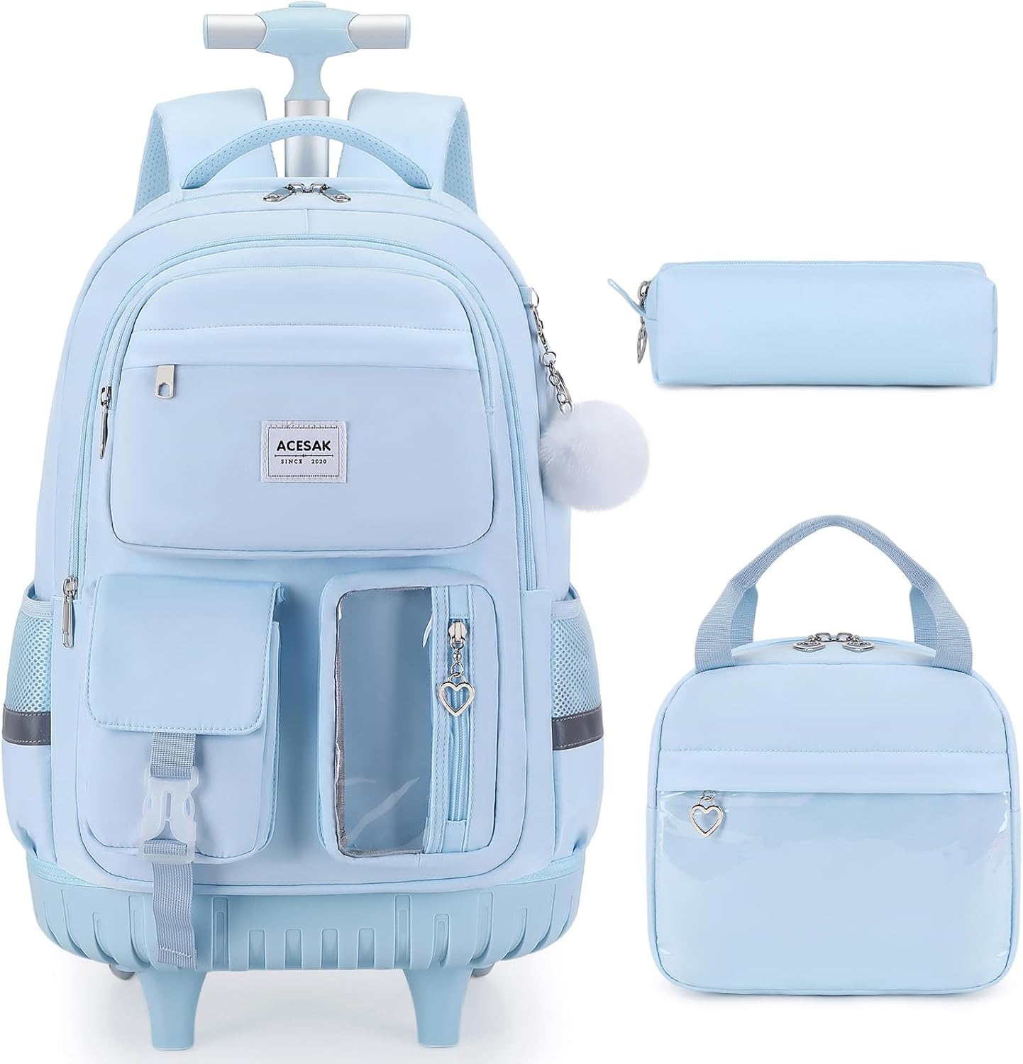 ACESAK Rolling Backpack for Girls, Roller Backpack with Lunch Bag & Pencil Pouch for Teen Girls Kids, Bookbag Backpack with Wheels for Women Elementary Middle High School Travel (Blue)
