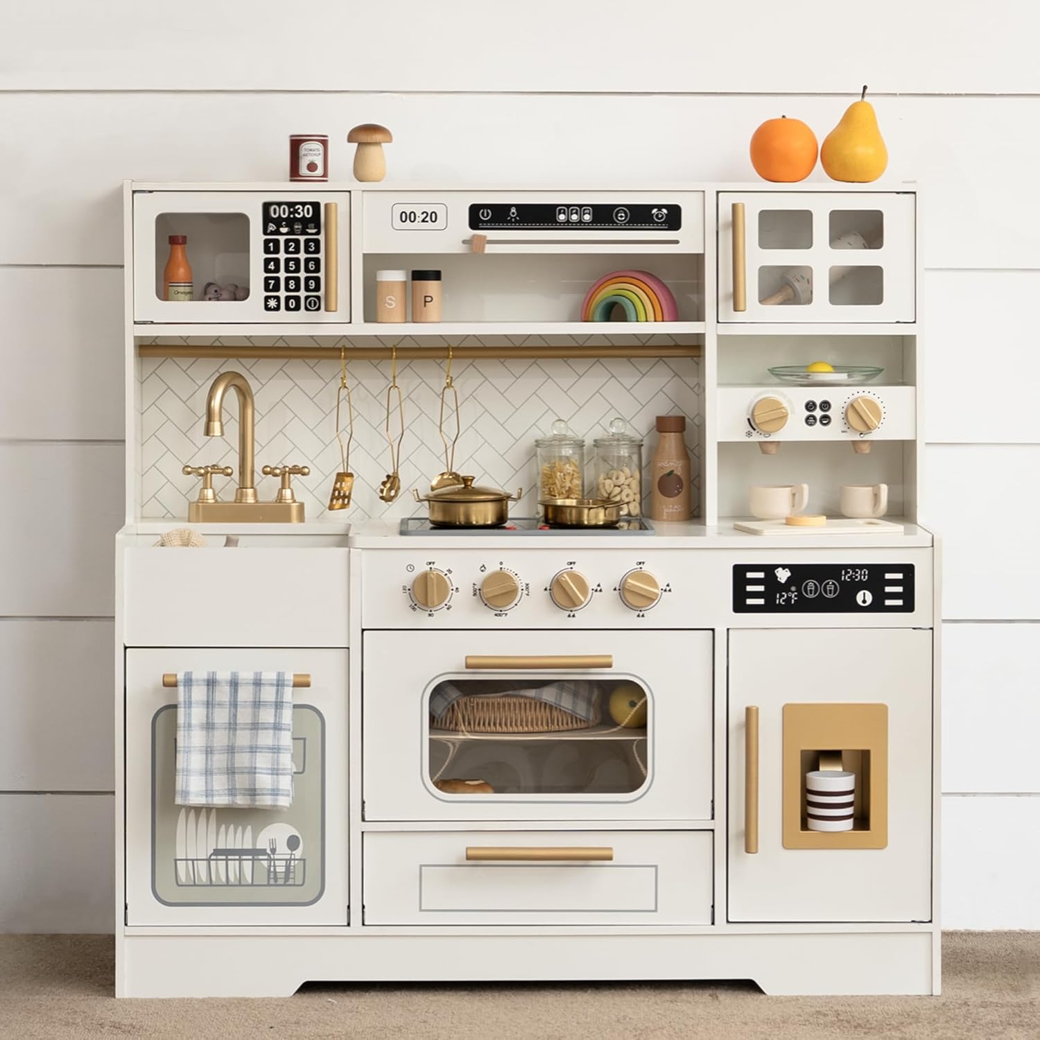 Wooden Play Kitchen for Kids with Real Lights and Sounds for Pretend Play | Stove, Sink, Oven, Coffee Maker, Ice Maker, Cabinets and 15 Accessories Create a Complete Cooking and Serving Setup, Ages 3+