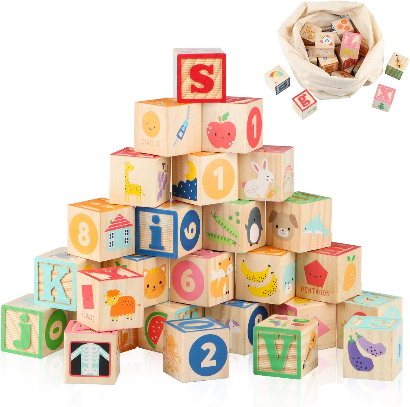 ABC Wooden Building Blocks for Toddlers 1-3 Large, 26 PCS Alphabet & Number Stacking Blocks, Educational Learning Toys for Boys Girls Kids Gifts 1.65”