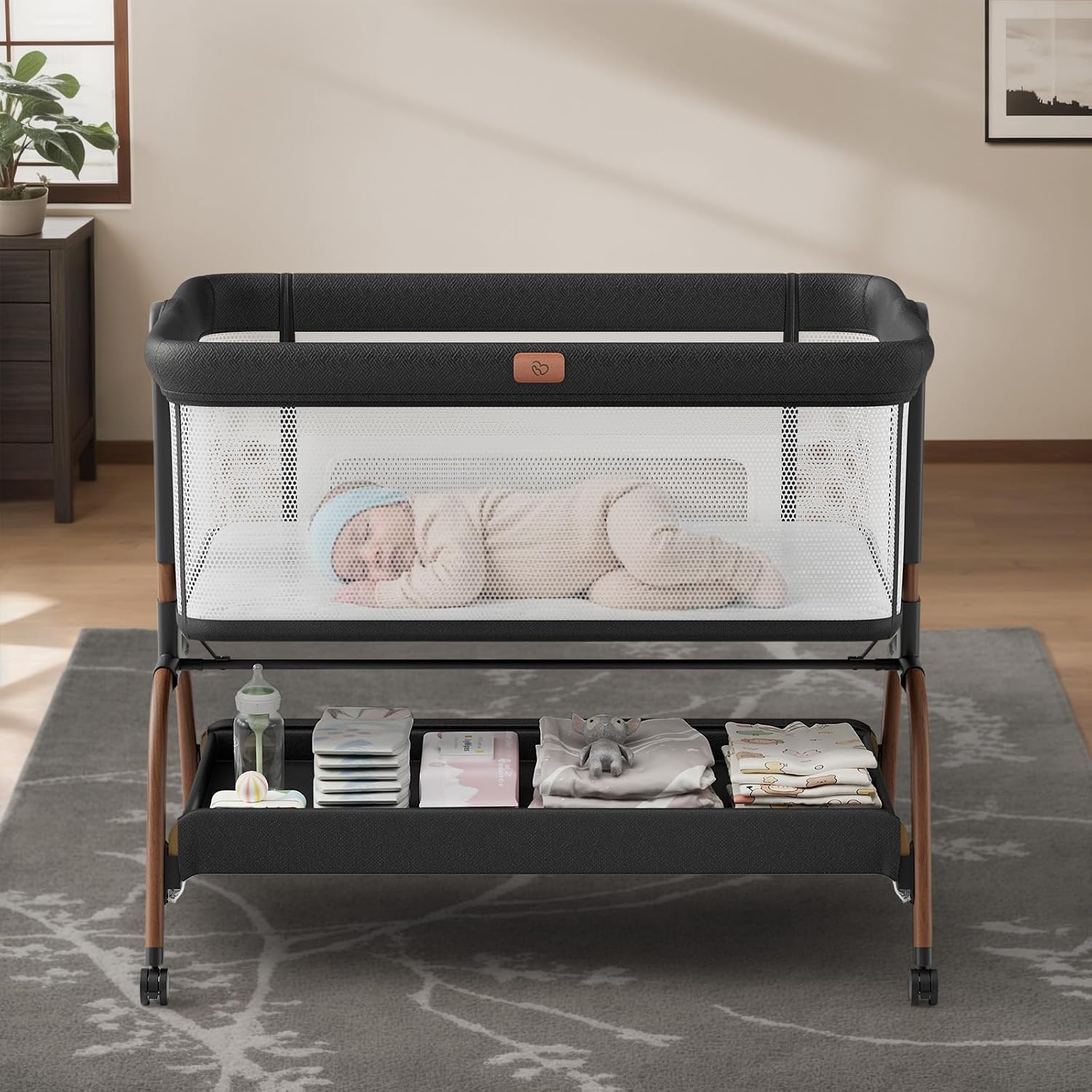 BabyBond Bassinet Bedside Crib, Stable and Secure Crib for Newborns, Black | 3-in-1 Baby Bassinet Bedside Sleeper with Mattress and Sheet, Anti-Reflux, Full-Mesh Sides, 6-Height Adjustable