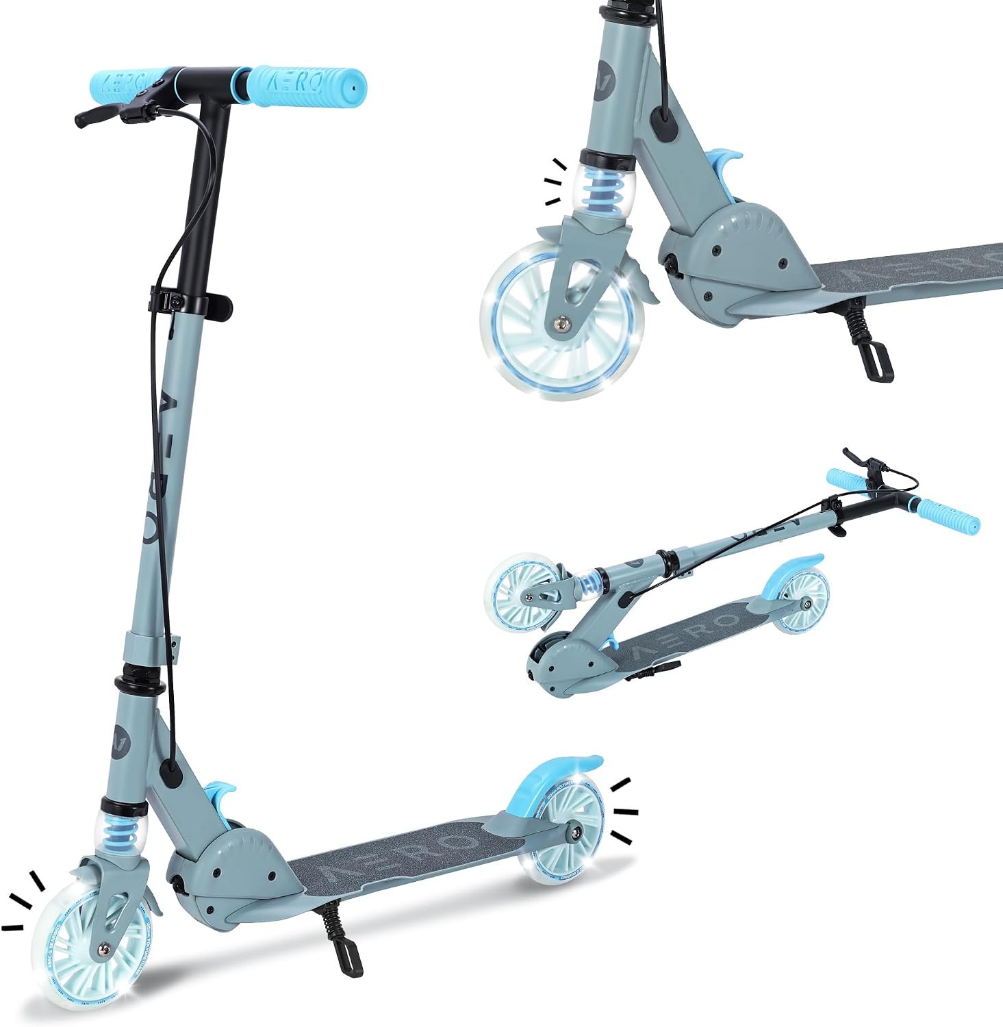 AERO MOBILITY Two-Wheel Kick Scooter for Kids 5-8 with Dynamic RGB Lights | Light Up Wheels | Hand Controlled Brake | Shock Absorption | Foldable & Height Adjustable, 110lbs Max
