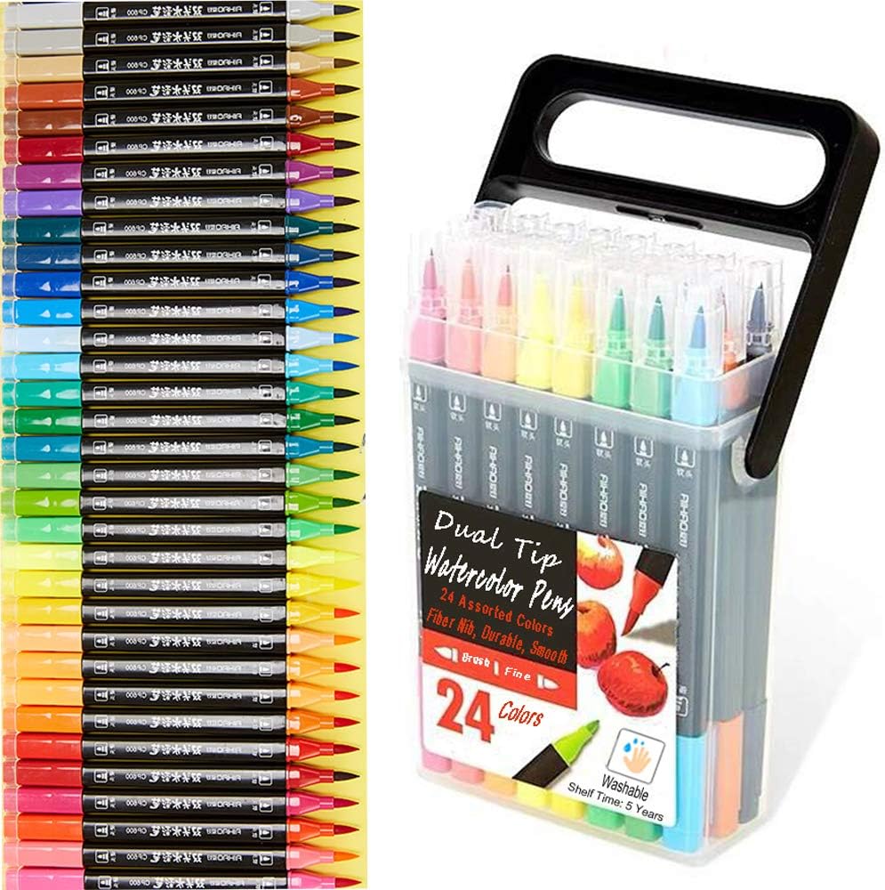 Dual Tip Markers for Kids, Washable Markers Set, Art Marker with Stand Portable Box, Gift For Kids (24 Colours) | Art Marker with Stand Portable Box, Gift For Kids, Brush and Fine Tips, 24 Colors