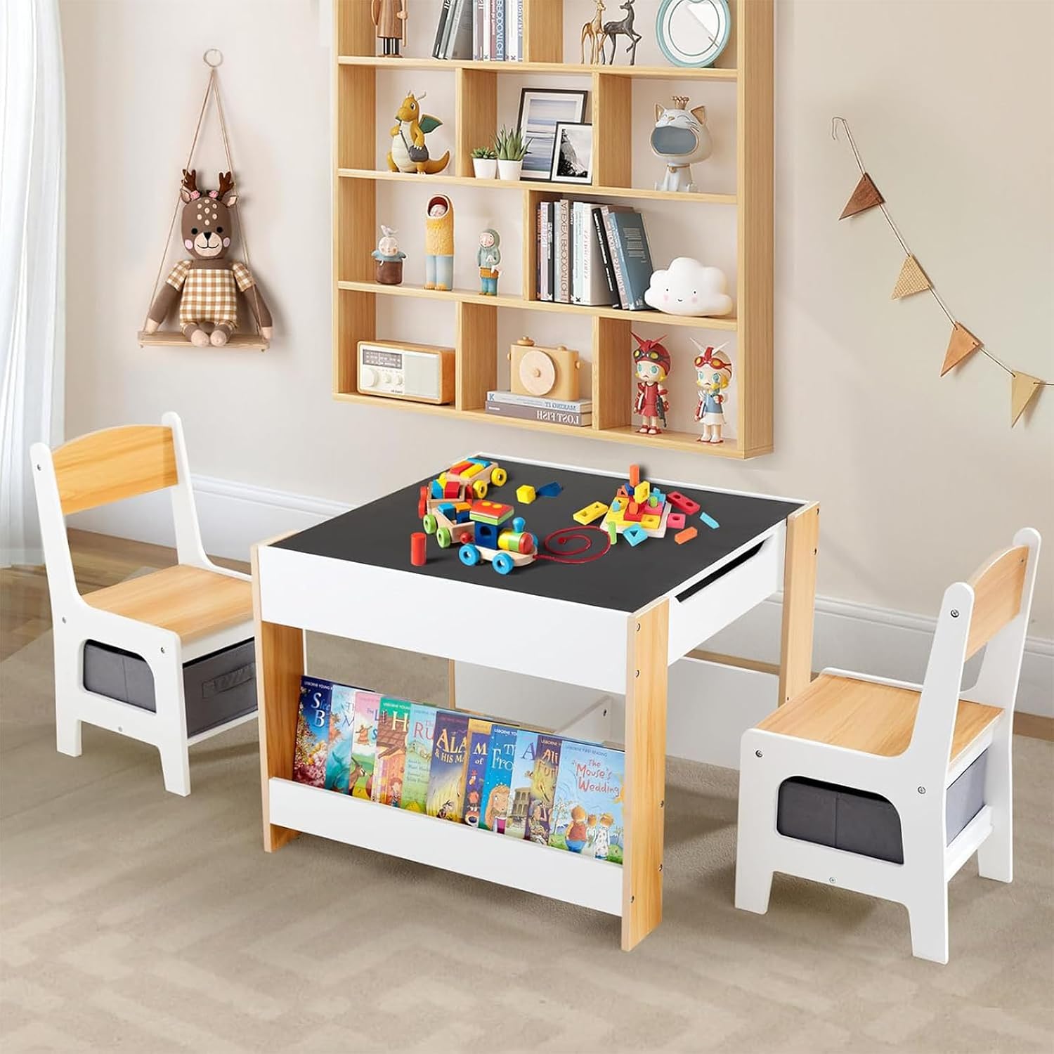 Asweets Kids Table and Chair Set, 4 in 1 Toddler Desk with Storage Drawer | Wooden Activity Table for 2 in 1 Detachable Tabletop,Bookshelf,Suitable for Classroom,Home,Nursery,Playroom (Natural White)