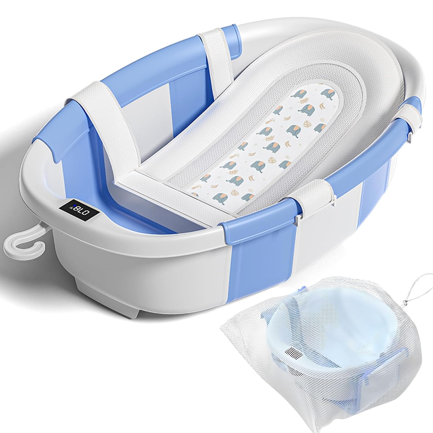 Collapsible Baby Bathtub with Soft Cushion and Thermometer, Newborn to Toddler Tub 0-36 Months with Toy Storage Mesh Bag, Portable Travel Bath for Infants (Blue)
