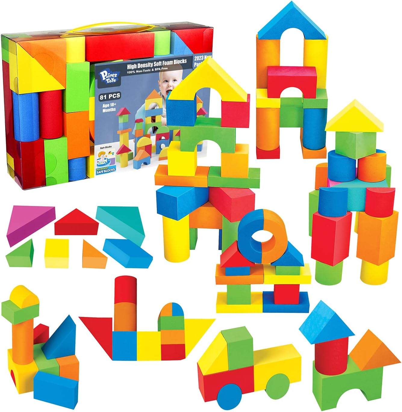 Pairez Toys Foam Building Blocks for Toddlers 2-4, 81 Pieces Soft Stacking Blocks Toy Set, Baby Bath Foam Toys, Sensory and Montosorri Toys for Boys & Girls 18+ Months