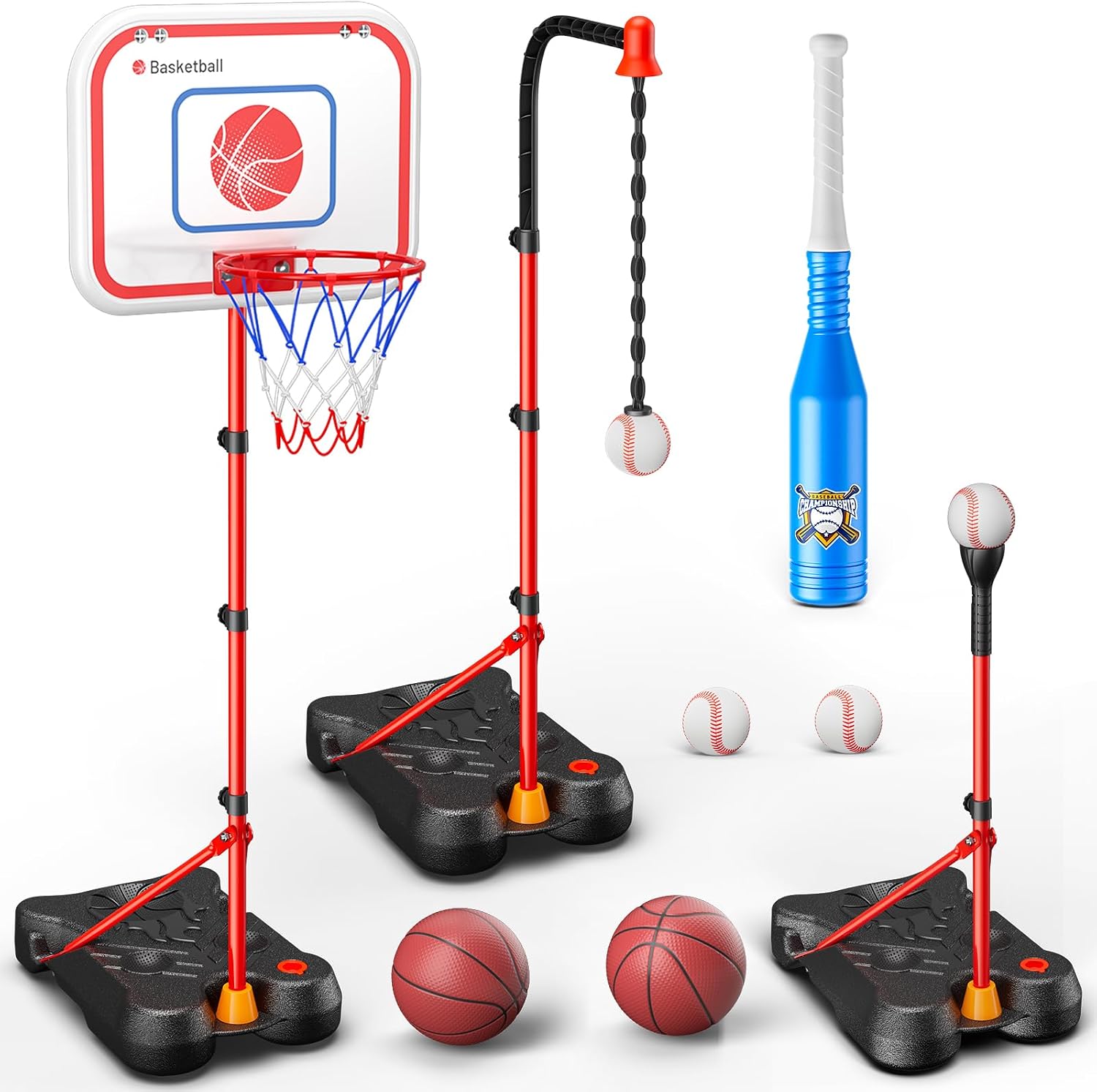 HopeRock 2 in 1 Kids Basketball Hoop and T Ball Set | Adjustable basket ball Stand,Hanging Tee Baseball for Toddlers Boys Ages 2 3 4 5 6 7 8 Years Old, Outdoor Indoor Toys Gifts