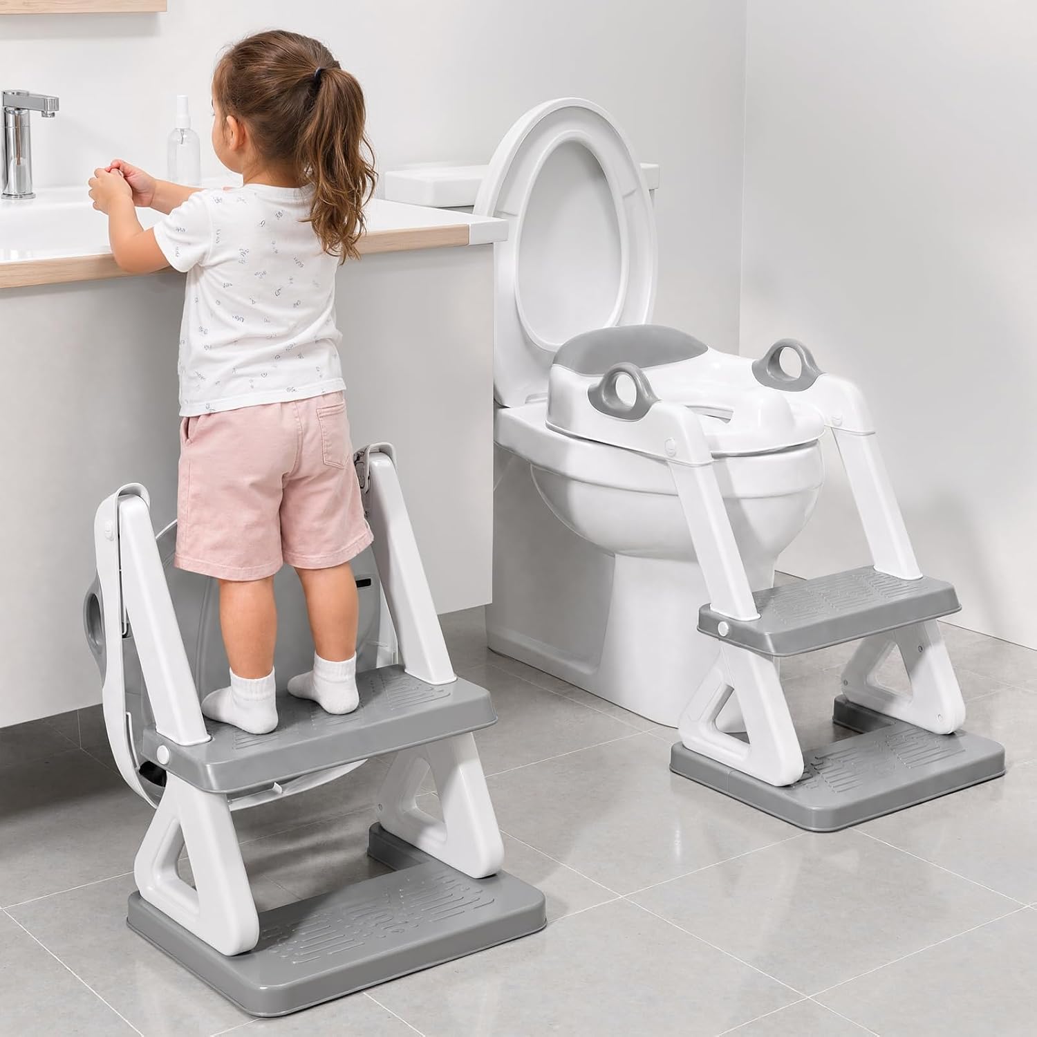 Potty Training Seat with Step Stool Ladder for Kids and Toddler,Wiifo Sturdy Potty Ladder with Soft Padded Cushion for Toddler Boys and Girls(Light Grey) 2026 New Version