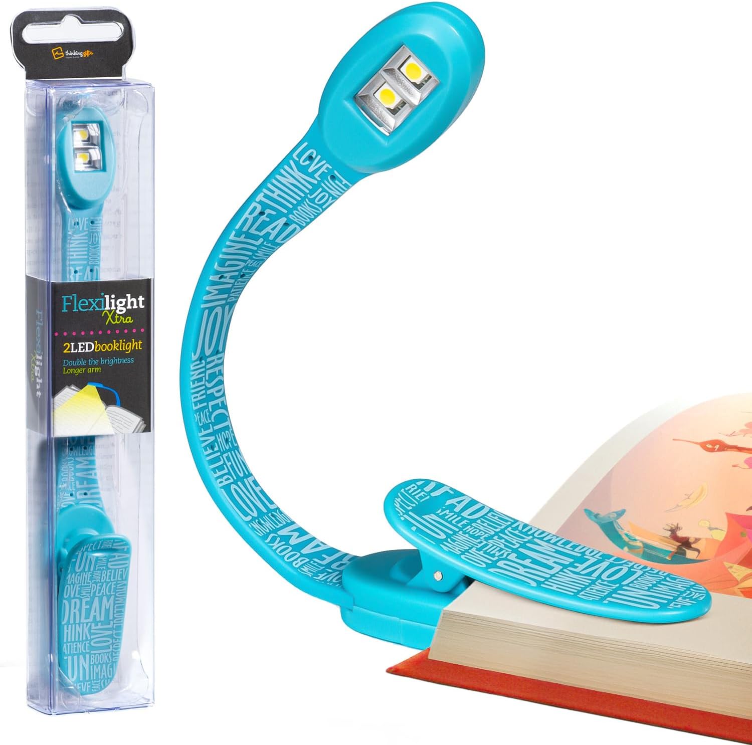 Thinking Gifts Flexilight Xtra LED 2-in-1 Book Light & Bookmark Blue Words | 2 Batteries Included, Ultra Bright Book Light, Clip On Reading Light for Bed, 2in1 Light & Bookmark, Small & Lightweight