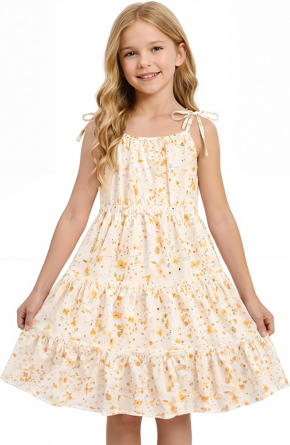Girls Floral Tiered Ruffle Spaghetti Strap Sundress, Kids Boho Vacation Midi Dress