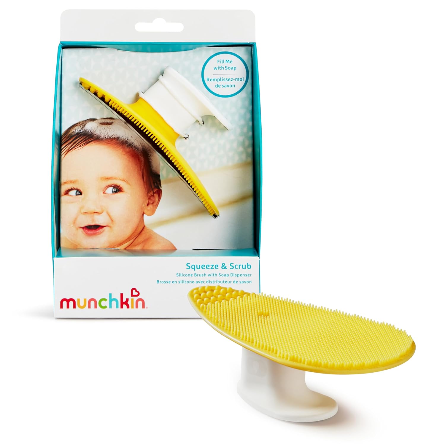 Munchkin Squeeze & Scrub Silicone Baby Bath Brush with Soap and Shampoo Dispenser – Soft & Gentle Bristles, Great for Newborn Neck Folds, Cradle Cap, Hair, Massager & Hard-to-Reach Spots, Yellow